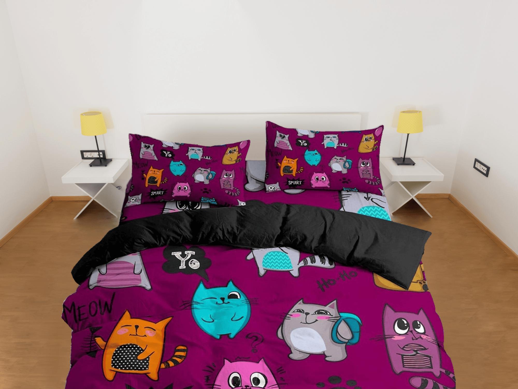 daintyduvet Colorful cute cat bedding violet, toddler bedding, kids duvet cover set, gift for cat lovers, baby bedding, baby shower gift