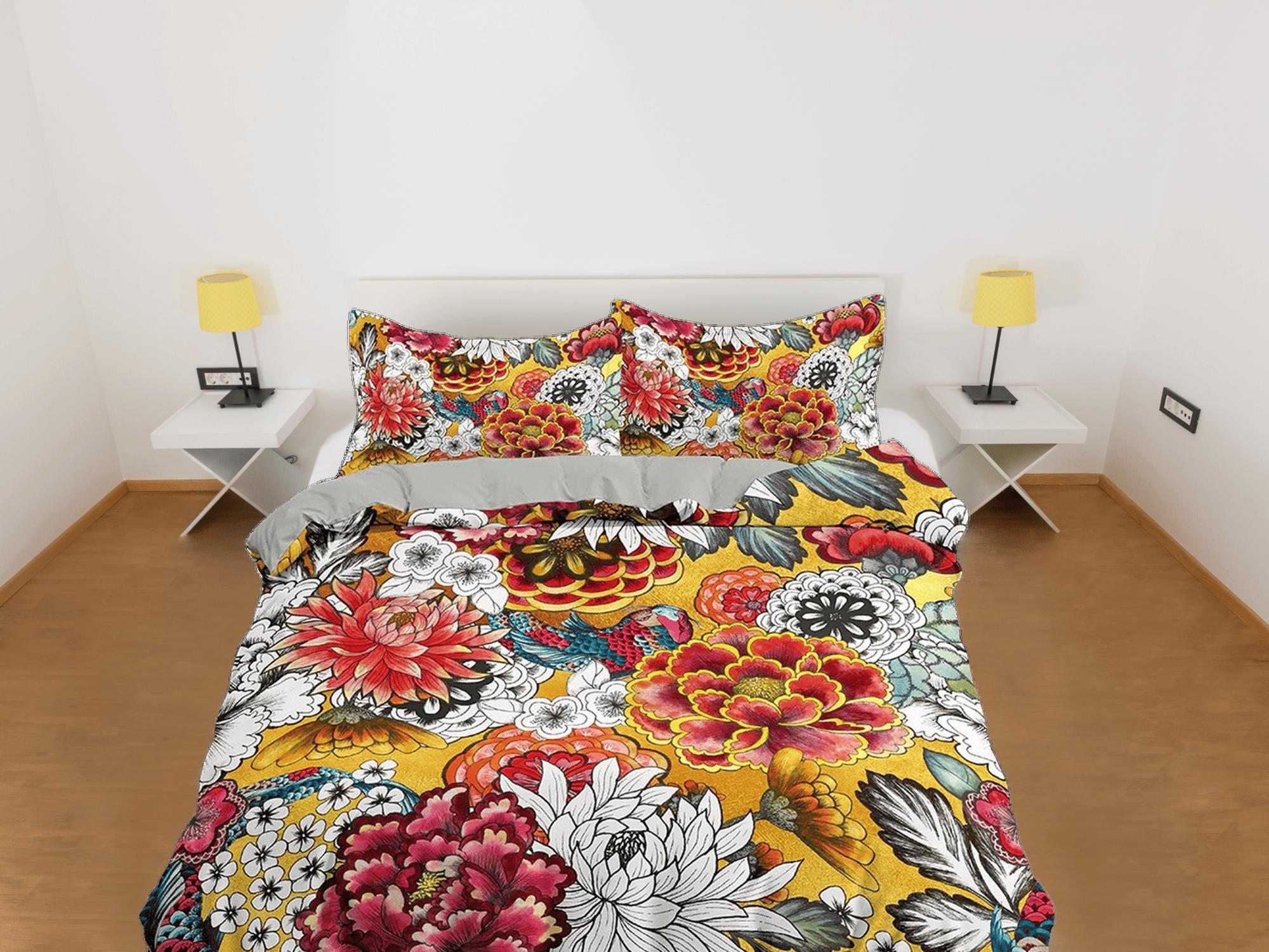 daintyduvet Colorful dahlia floral duvet cover colorful bedding, teen girl bedroom, baby girl crib bedding boho maximalist bedspread aesthetic bedding