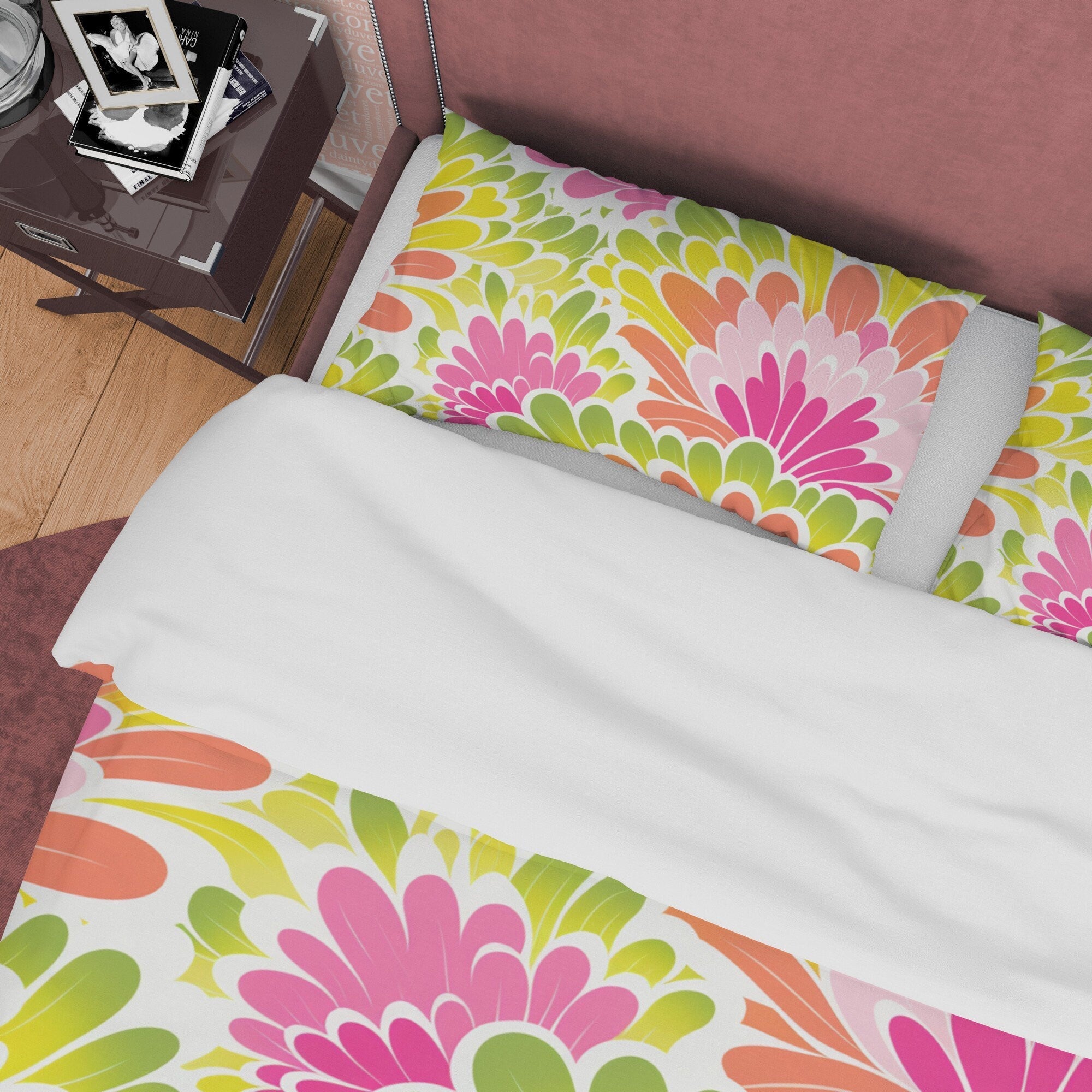 Colorful Floral Boho Bedding Pink Duvet Cover Bohemian Bedroom Set, Aesthetic Yellow Green Bedspread, Bright Colors Unique Room Decor