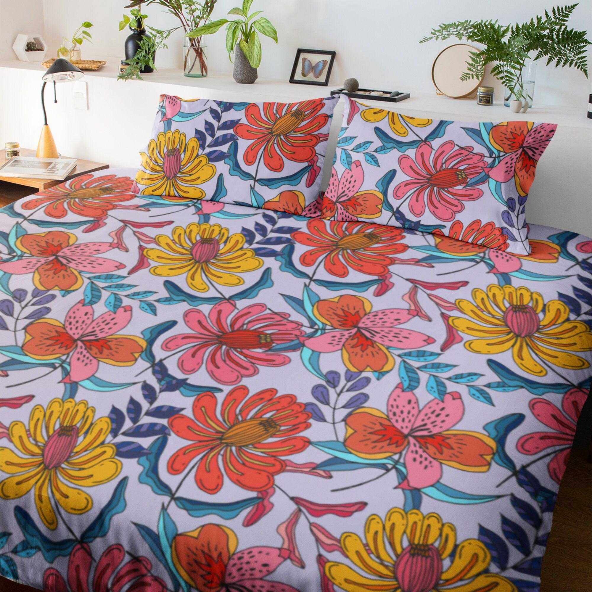 daintyduvet Colorful floral printed boho bedding, maximalist duvet cover, dorm bedding, aesthetic duvet cover set, unique bedspread master bedroom