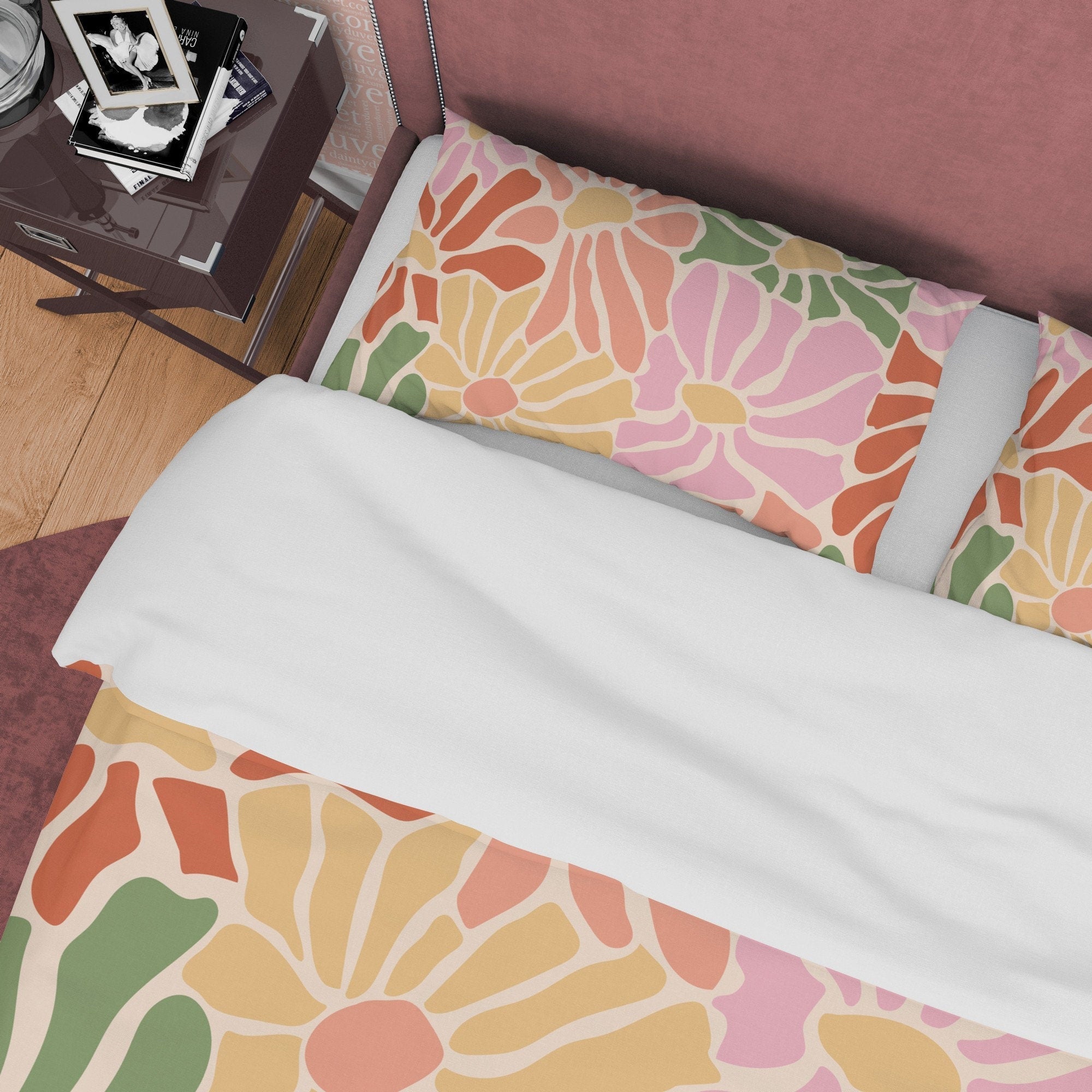 Colorful Flower Boho Bedding Beige Duvet Cover Bohemian Bedroom Set, Floral Quilt Cover, Aesthetic Bedspread, Bright Unique Blanket Cover