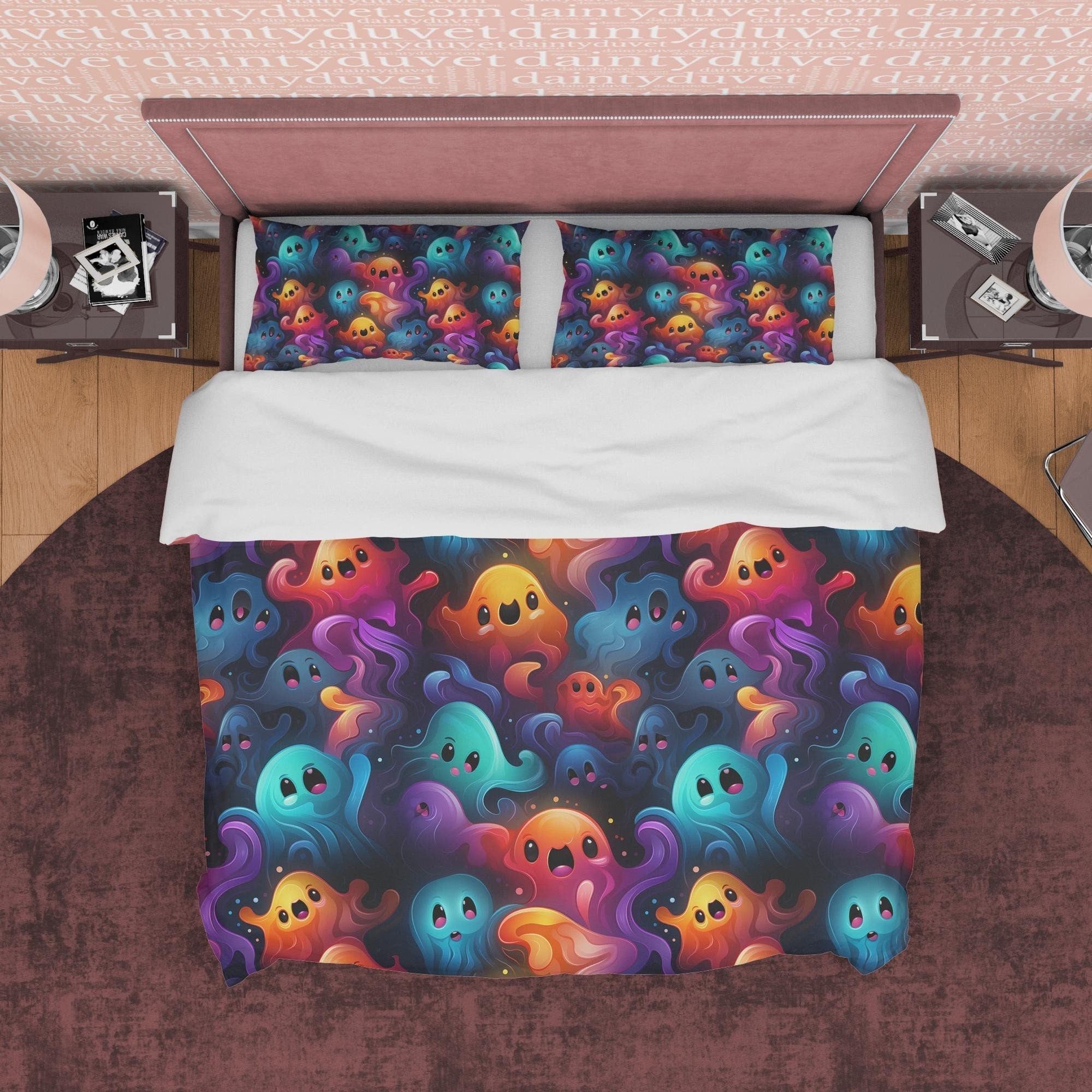 Colorful Ghosts, Fancy Duvet Cover Set & Pillowcase, Aesthetic Zipper Bedding, Halloween Room Decor, US, UK, European, Australian Bed Size
