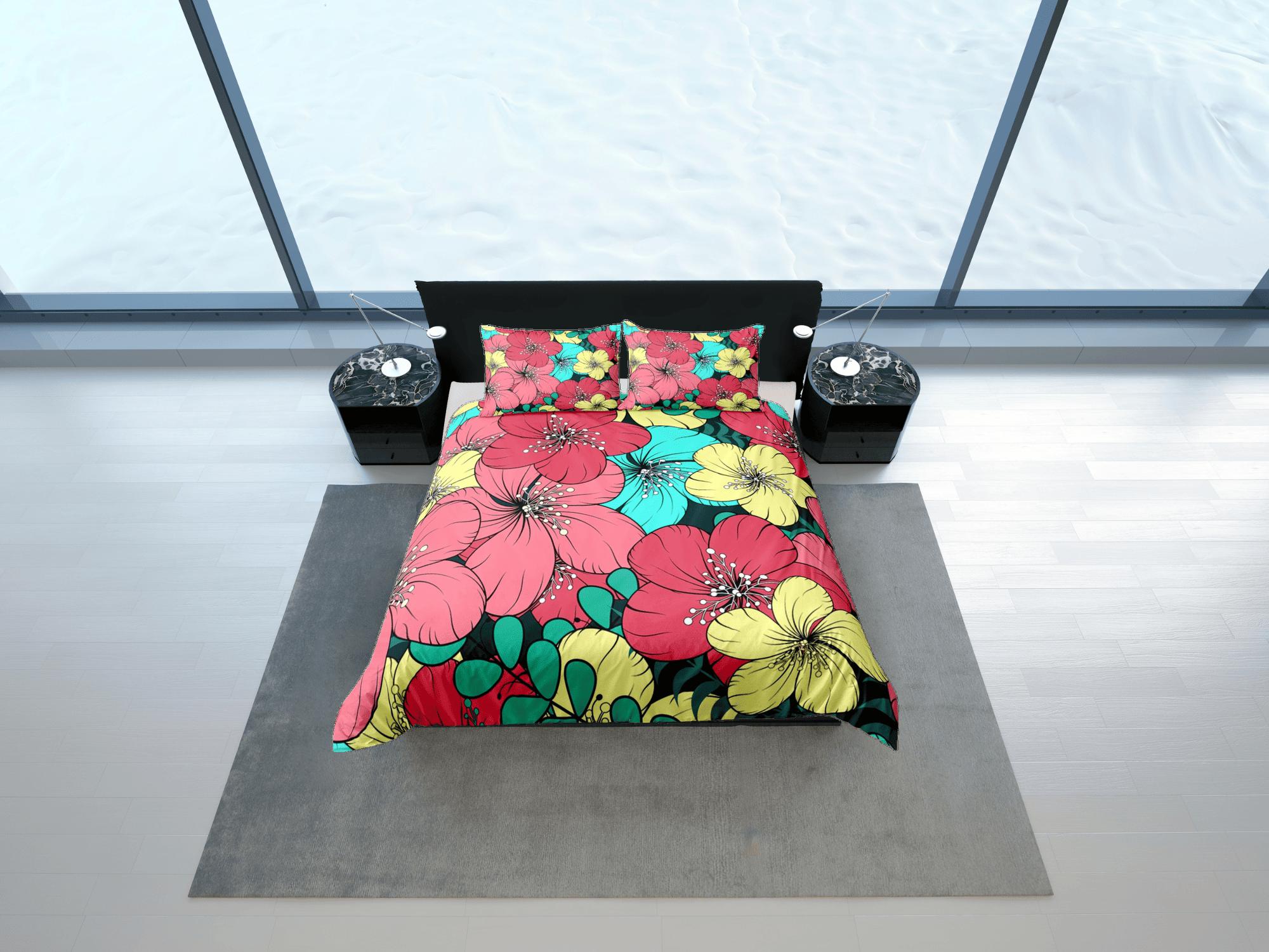daintyduvet Colorful hibiscus floral bedding, luxury duvet cover queen, king, boho duvet, designer bedding, aesthetic bedding, maximalist decor bedding