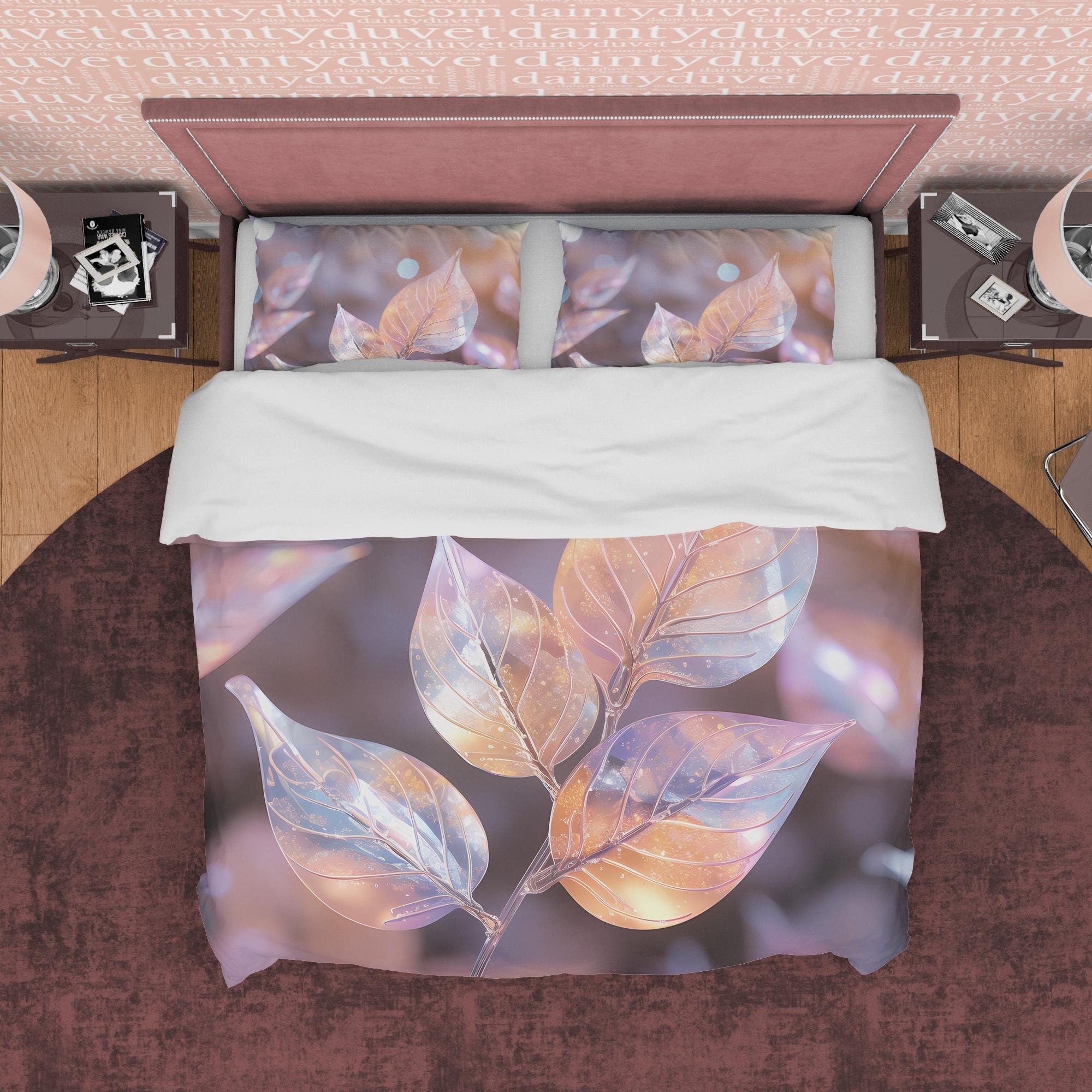 Colorful Leaf Bedding Set Boho Duvet Cover, Holographic Plant Quilt Cover, Moonstone Inspired Bedspread, Galaxy Opal Bed Cover, Pastel Color