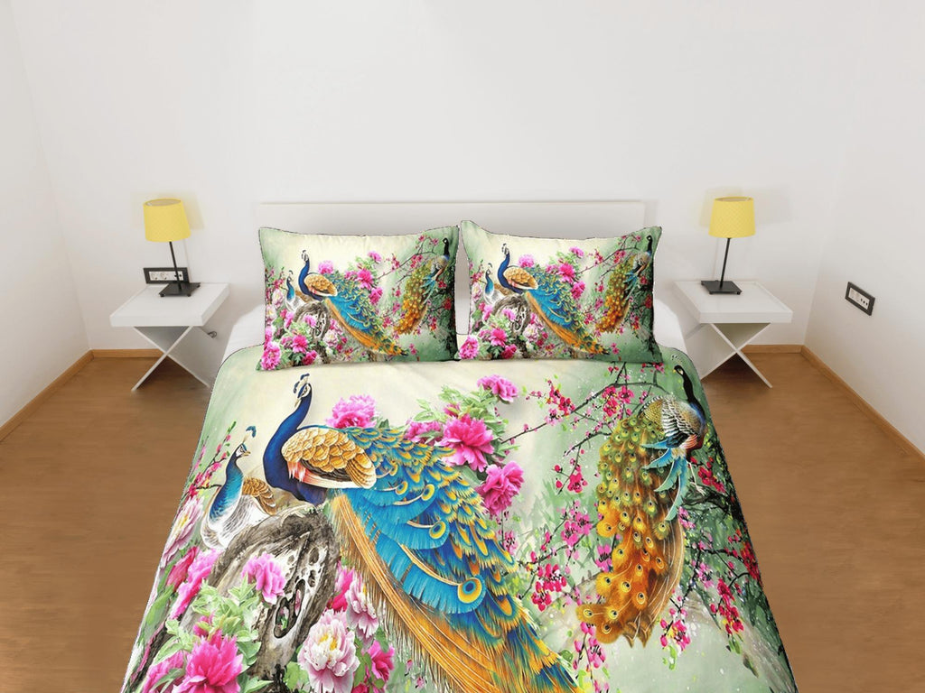 Colorful peacock aesthetic bedding set full, luxury duvet cover queen,