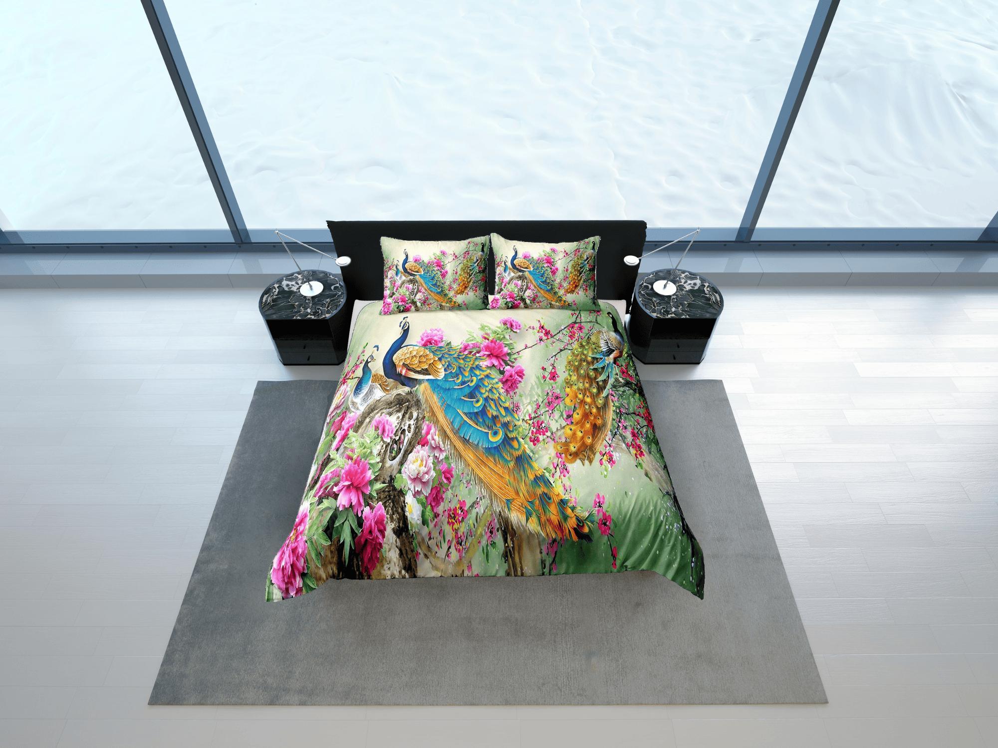 daintyduvet Colorful peacock aesthetic bedding set full, luxury duvet cover queen, king, boho duvet, designer bedding, maximalist decor floral prints