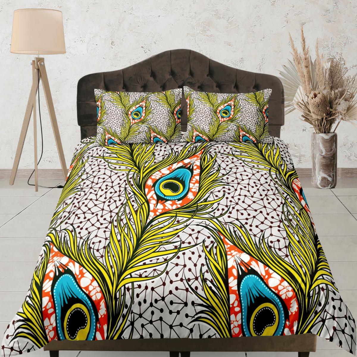 daintyduvet Colorful peacock feather african bedding set duvet cover, boho bedding peacock decor ethnic afrocentric designer bedding, south african gift