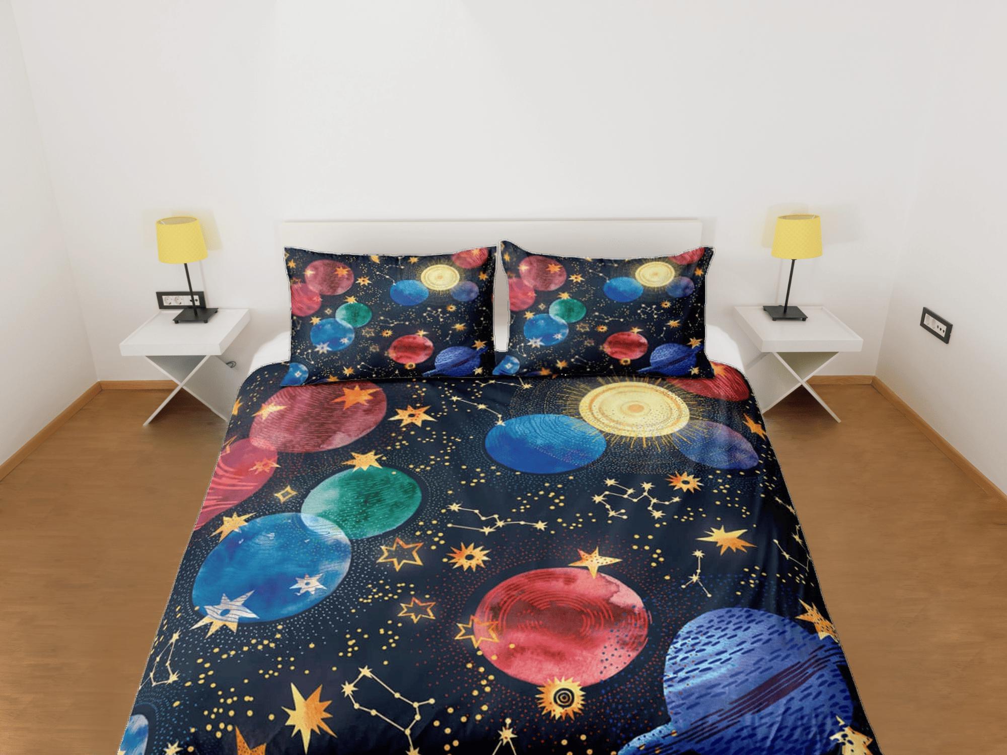 daintyduvet Colorful planets galaxy bedding, 3D outer space bedding set full, cosmic duvet cover king, queen, dorm bedding, toddler bedding aesthetic
