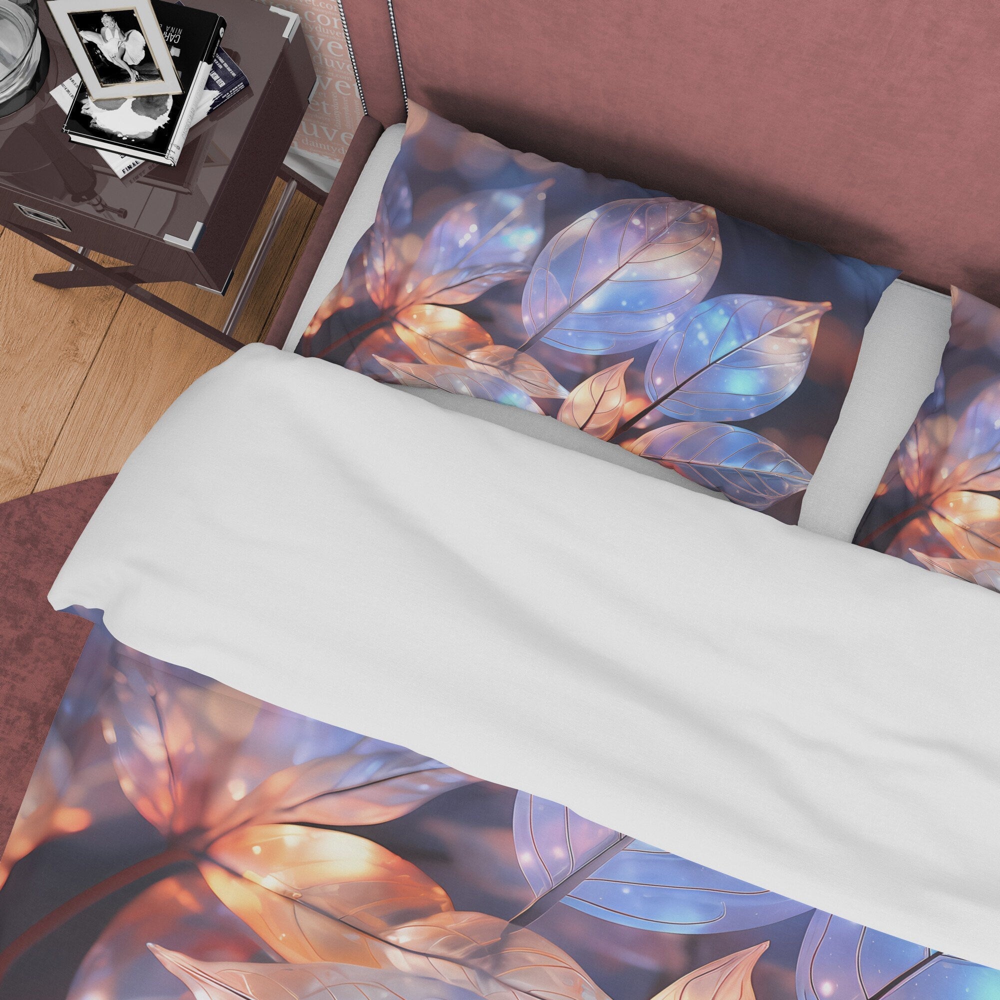 Colorful Plant Holographic Bedding Set Boho Duvet Cover, Leaf Quilt Cover, Galaxy Opal Bed Cover, Moonstone Inspired Bedspread, Pastel Color