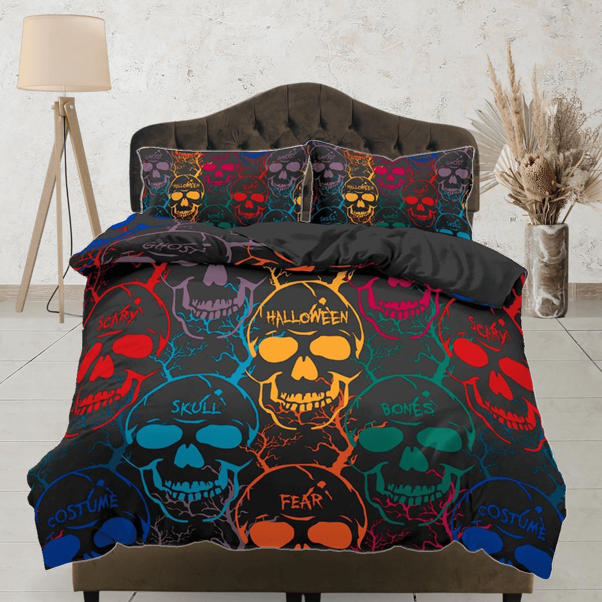 daintyduvet Colorful Skulls Black Duvet Cover Set Bedspread, Dorm Bedding with Pillowcase