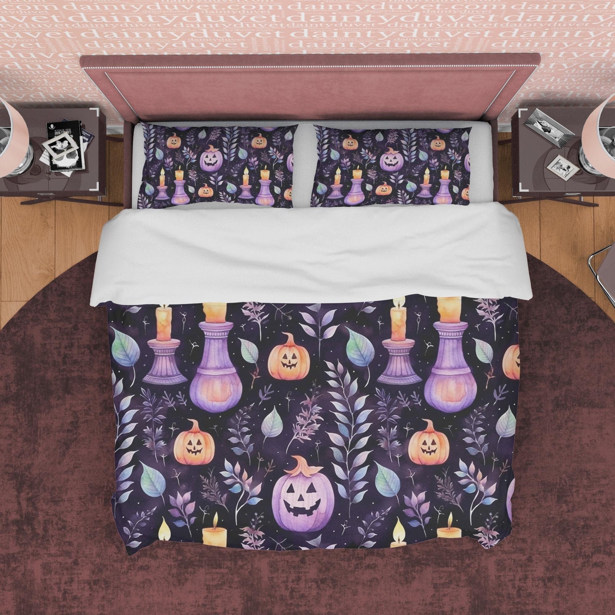 Colorful Spooky Bedding Purple Duvet Cover Set, Pumpkin Halloween Room Decor, Autumn Bedspread, Dorm Quilt Cover, Comforter Bed Cover