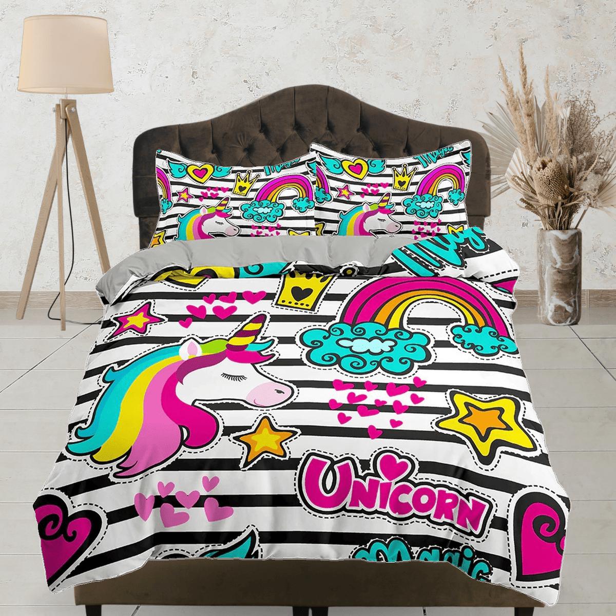 daintyduvet Colorful unicorn black and white stripes funky toddler bedding, unique duvet cover, crib bedding, baby zipper bedding, king queen full twin