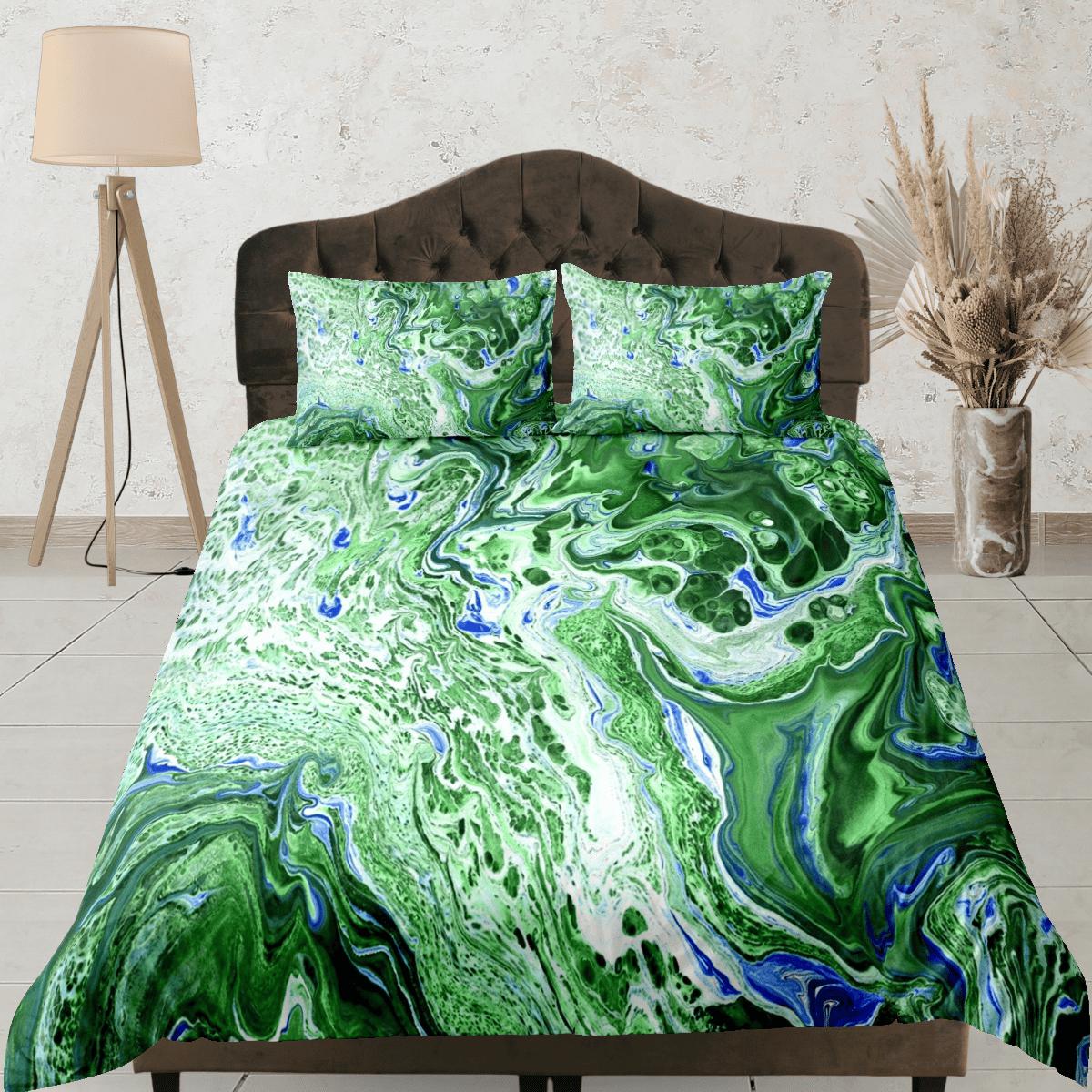 daintyduvet Contemporary bedroom set green aesthetic duvet cover, alcohol ink marble abstract art room decor boho chic bedding set full king queen