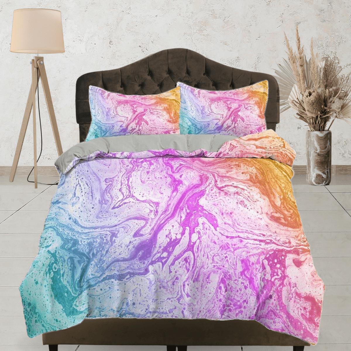 daintyduvet Contemporary bedroom set unicorn colors aesthetic duvet cover, alcohol ink abstract art room decor boho chic bedding set full king queen