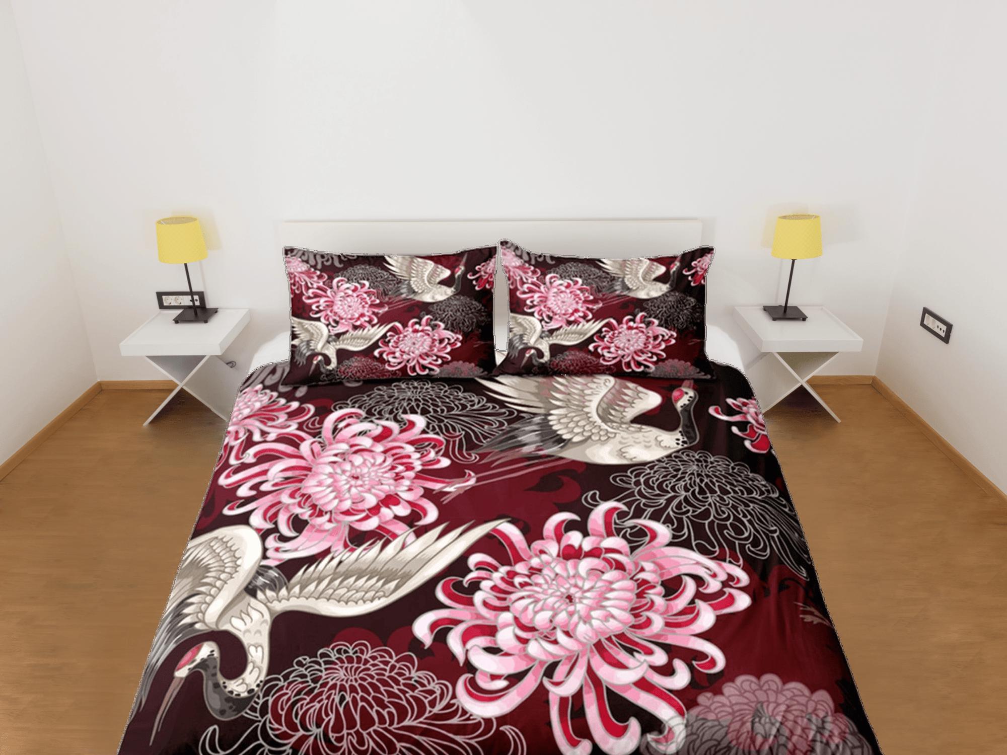daintyduvet Crane Bird Floral Red Duvet Cover Set Full Japanese Art Dorm Bedding Set with Pillowcase | Size King, Queen, Double, Twin & Single Bedspread