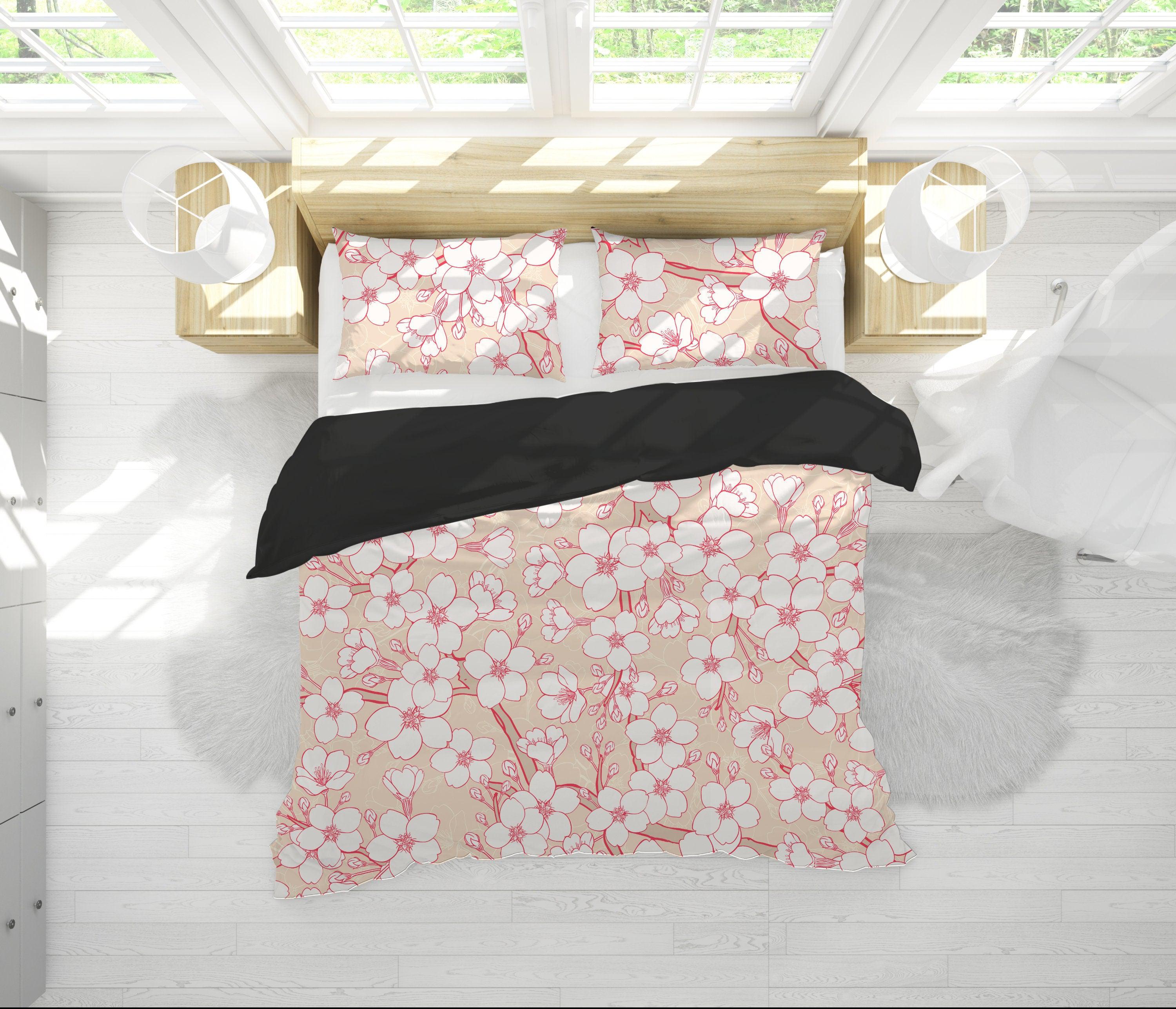 daintyduvet Cream Beige Bedding Set with Floral Prints | Cherry Blossoms Duvet Cover Set with Pillows