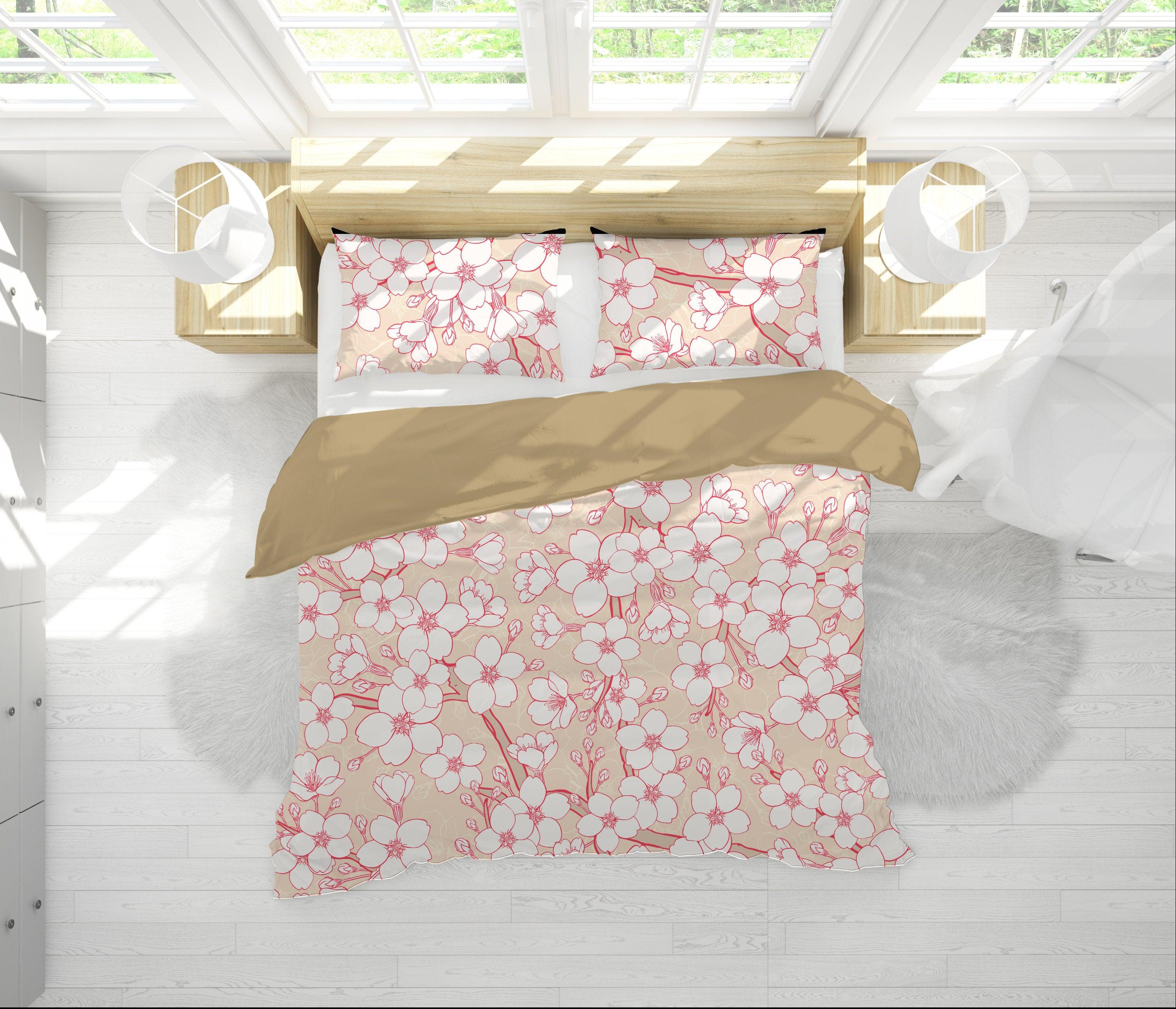 daintyduvet Cream Beige Bedding Set with Floral Prints | Cherry Blossoms Duvet Cover Set with Pillows