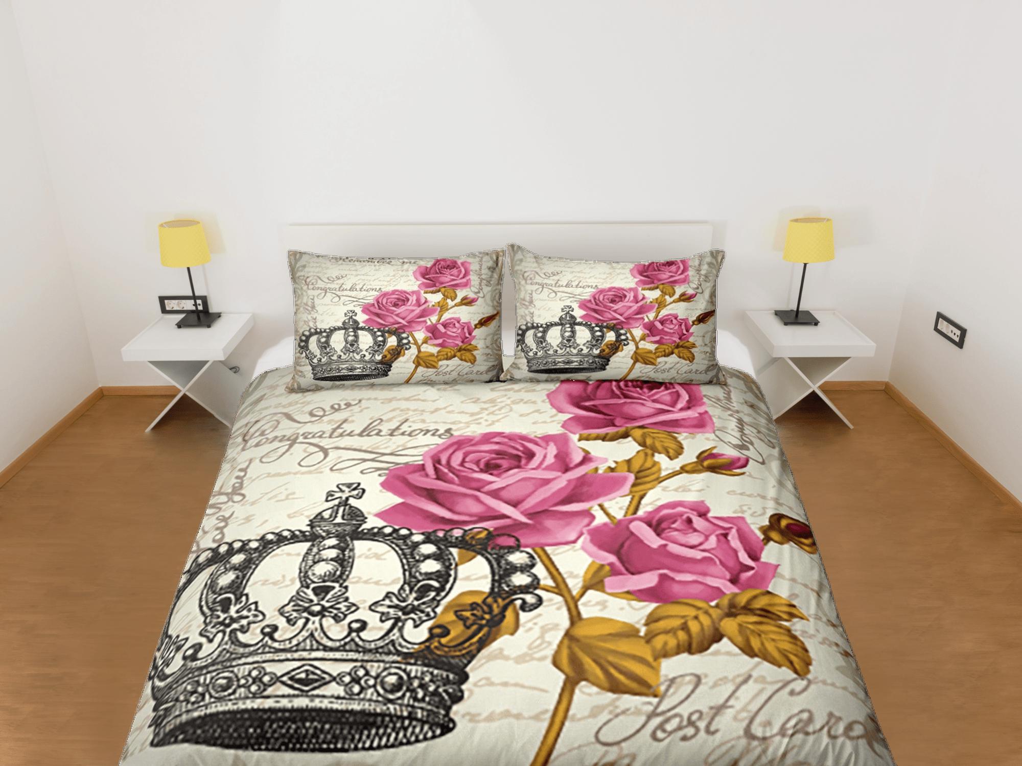 daintyduvet Crown Vintage Roses Duvet Cover Set Bedspread, Floral Dorm Bedding Pillowcase