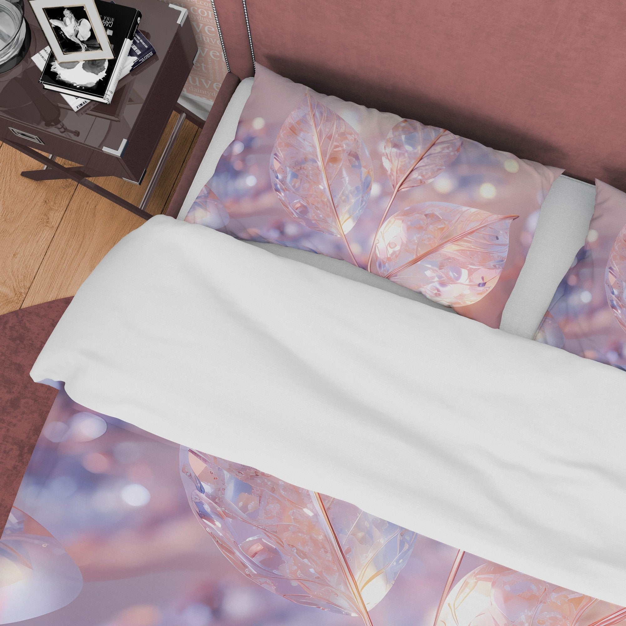 Crystal Holographic Bedding Set Boho Duvet Cover, Leaf Quilt Cover, Moonstone Inspired Bedspread, Pastel Color Galaxy Opal Bed Cover
