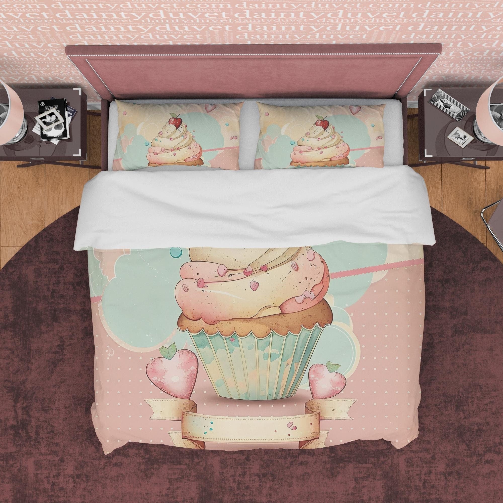 Cupcake Cotton Duvet Cover Boho Bedroom Set, Sweet Girly Bedspread, Cute Toddler Quilt Cover, Dorm Bedding, Baby Girl Crib Set, Pastel Color