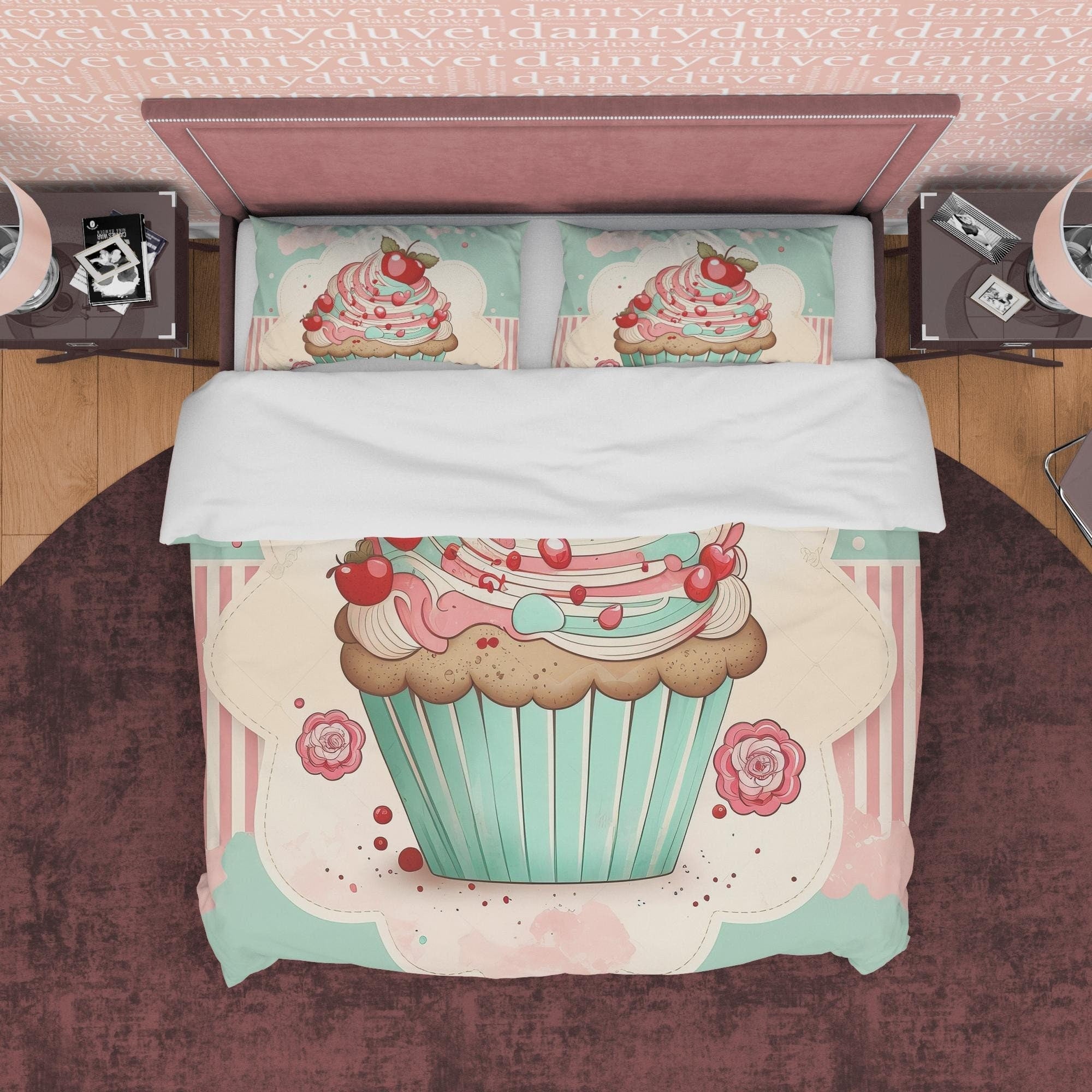 Cupcake Duvet Cover Boho Bedroom Set, Girly Bedspread, Sweet Blanket Cover Cute Quilt Cover, Pastel Color Dorm Bedding, Baby Girl Crib Set
