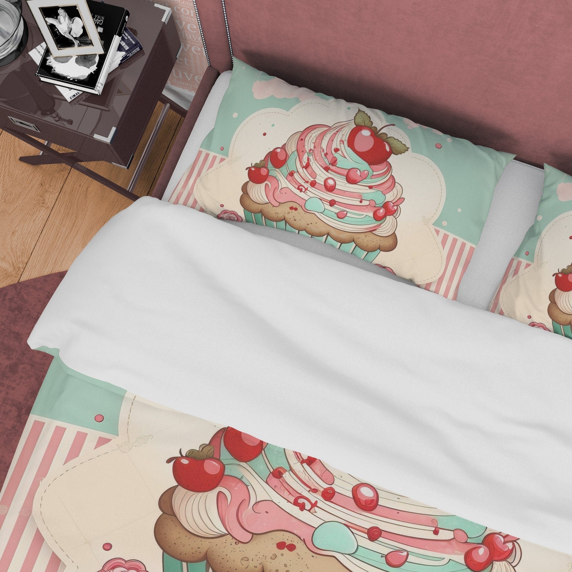 Cupcake Duvet Cover Boho Bedroom Set, Girly Bedspread, Sweet Blanket Cover Cute Quilt Cover, Pastel Color Dorm Bedding, Baby Girl Crib Set