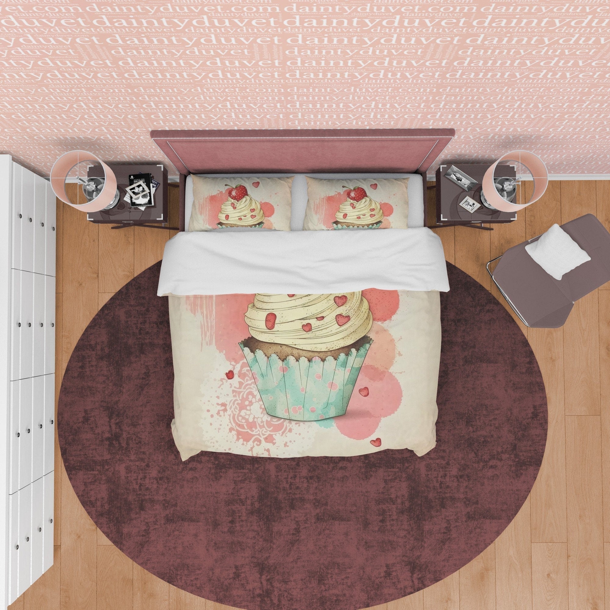 Cupcake Duvet Cover Boho Bedroom Set, Sweet Girly Bedspread, Cute Quilt Cover, Delightful Dorm Bedding, Baby Girl Crib Set, Pastel Color