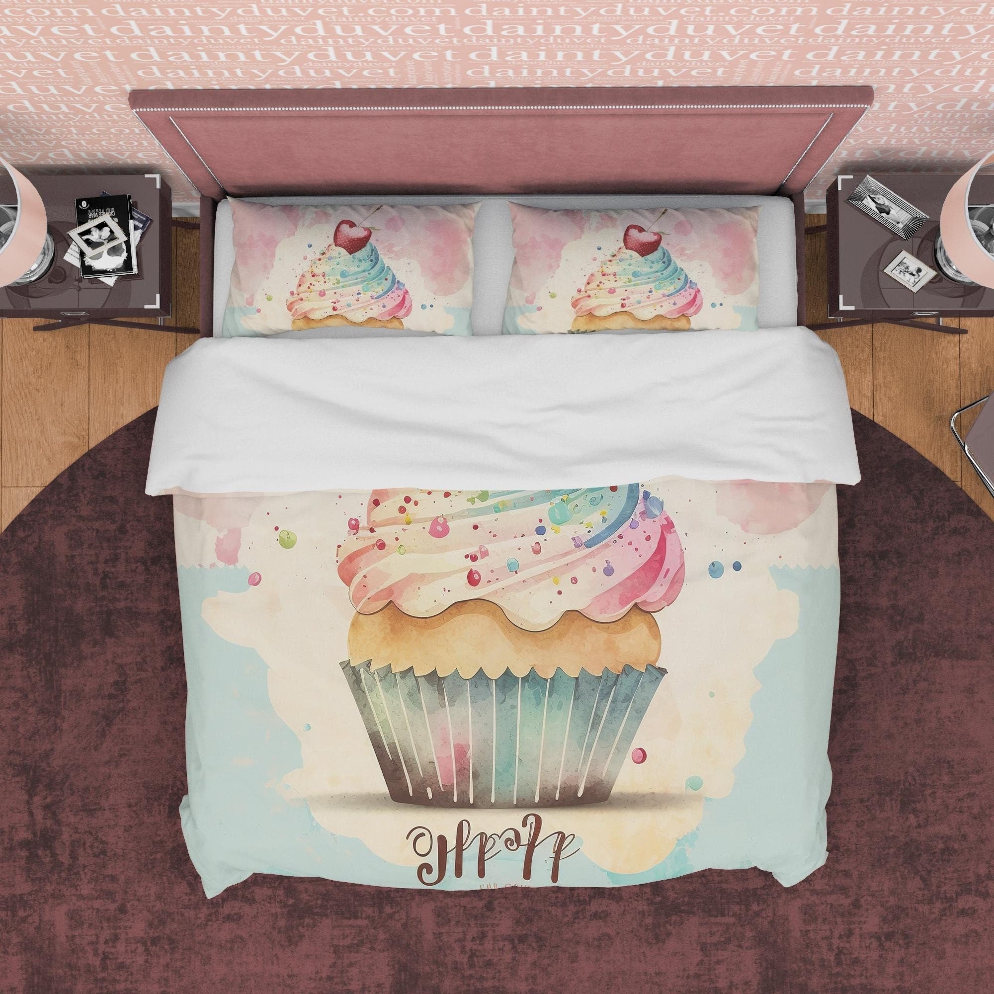 Cupcake With Cherry On Top Duvet Cover Boho Bedroom Set, Pastel Color Girly Bedspread, Cute Quilt Cover, Dorm Bedding, Baby Girl Crib Set