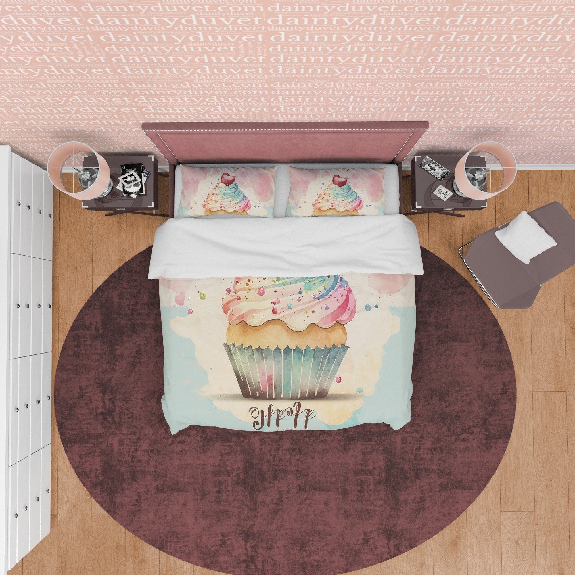 Cupcake With Cherry On Top Duvet Cover Boho Bedroom Set, Pastel Color Girly Bedspread, Cute Quilt Cover, Dorm Bedding, Baby Girl Crib Set