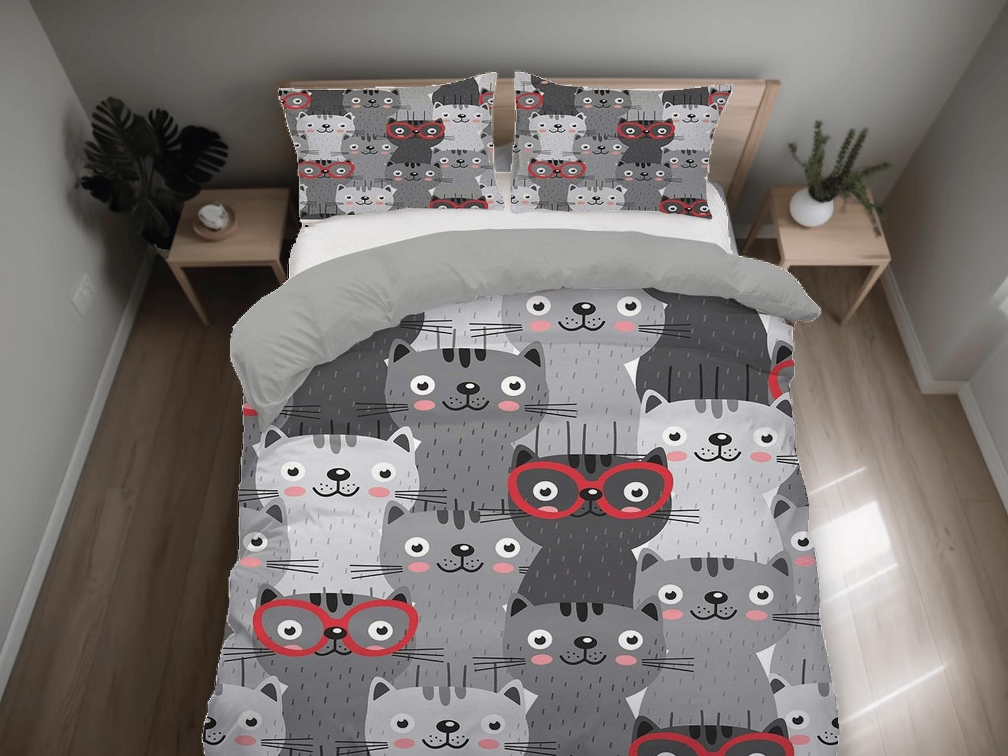 daintyduvet Cute and nerdy cats grey bedding, unisex toddler bedding, kids duvet cover set, gift for cat lovers, baby bedding, baby shower gift