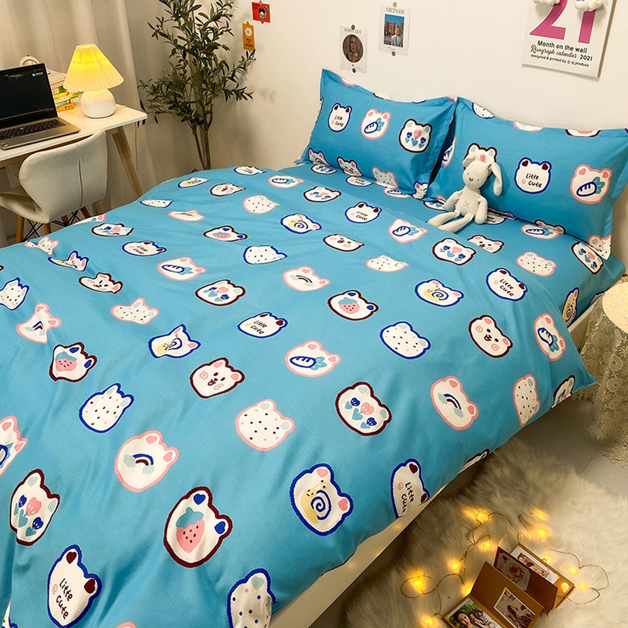 daintyduvet Cute Bedding Set, Blue Bedding Flat Sheet, Kawaii Dorm Bedding, Aesthetic Bedding, Kids Duvet Cover King Queen Full Twin Single