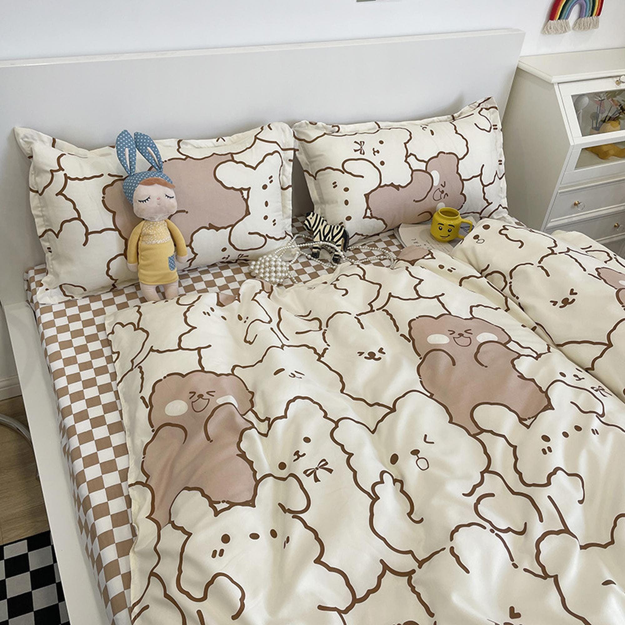 daintyduvet Cute Bedding Set, Checkered Bedding Flat Sheet, Brown Duvet Cover, Dorm Bedding, Aesthetic Bedding, Kids Bedroom, King Queen Full Twin
