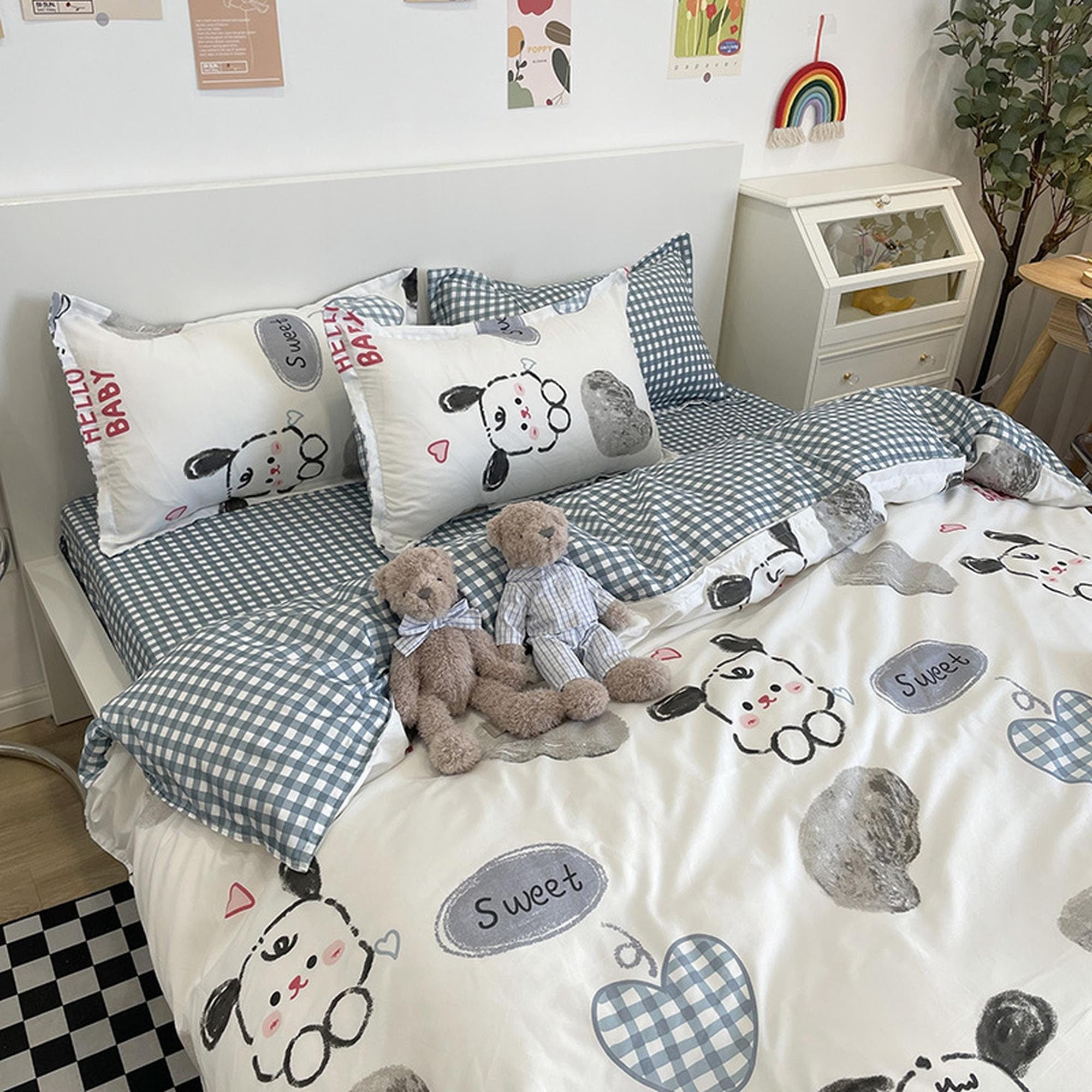 daintyduvet Cute Bedding Set, Checkered Bedding Flat Sheet, Kawaii Dorm Bedding, Aesthetic Bedding, Kids Bedroom, King Duvet Cover Queen Full Twin