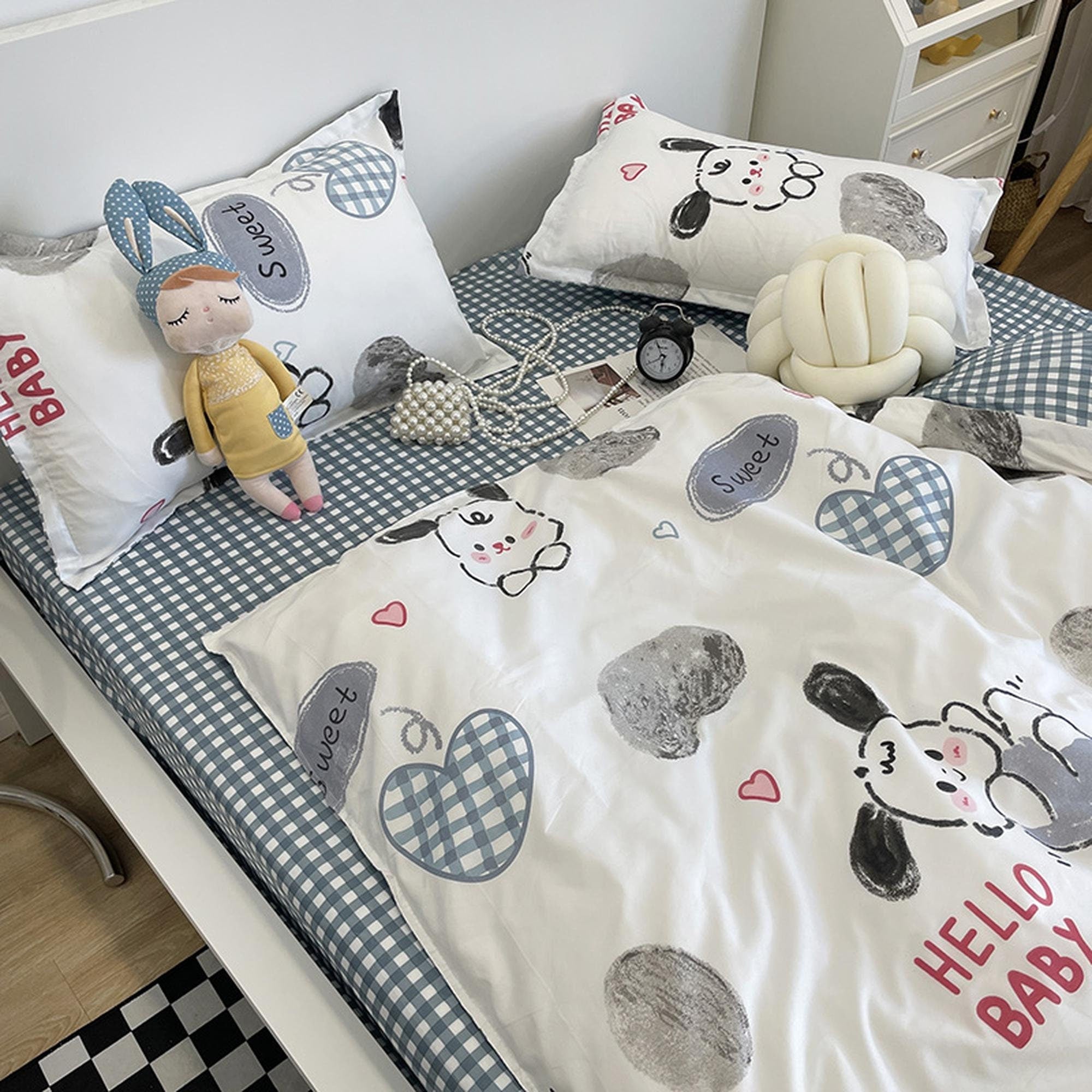 daintyduvet Cute Bedding Set, Checkered Bedding Flat Sheet, Kawaii Dorm Bedding, Aesthetic Bedding, Kids Bedroom, King Duvet Cover Queen Full Twin