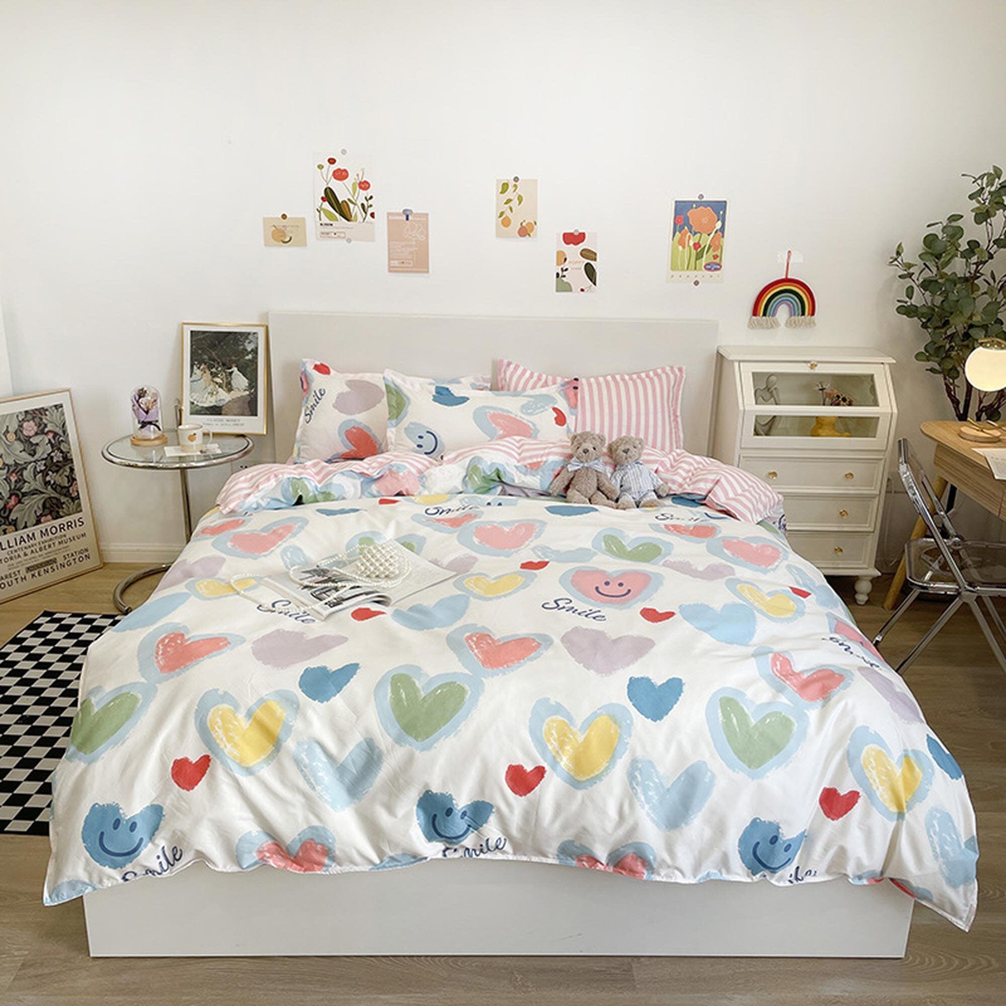 daintyduvet Cute Bedding Set, Pink Bedding Flat Sheet, Kawaii Dorm Bedding, Aesthetic Bedding Stripes, Kids Duvet Cover King Queen Full Twin Single