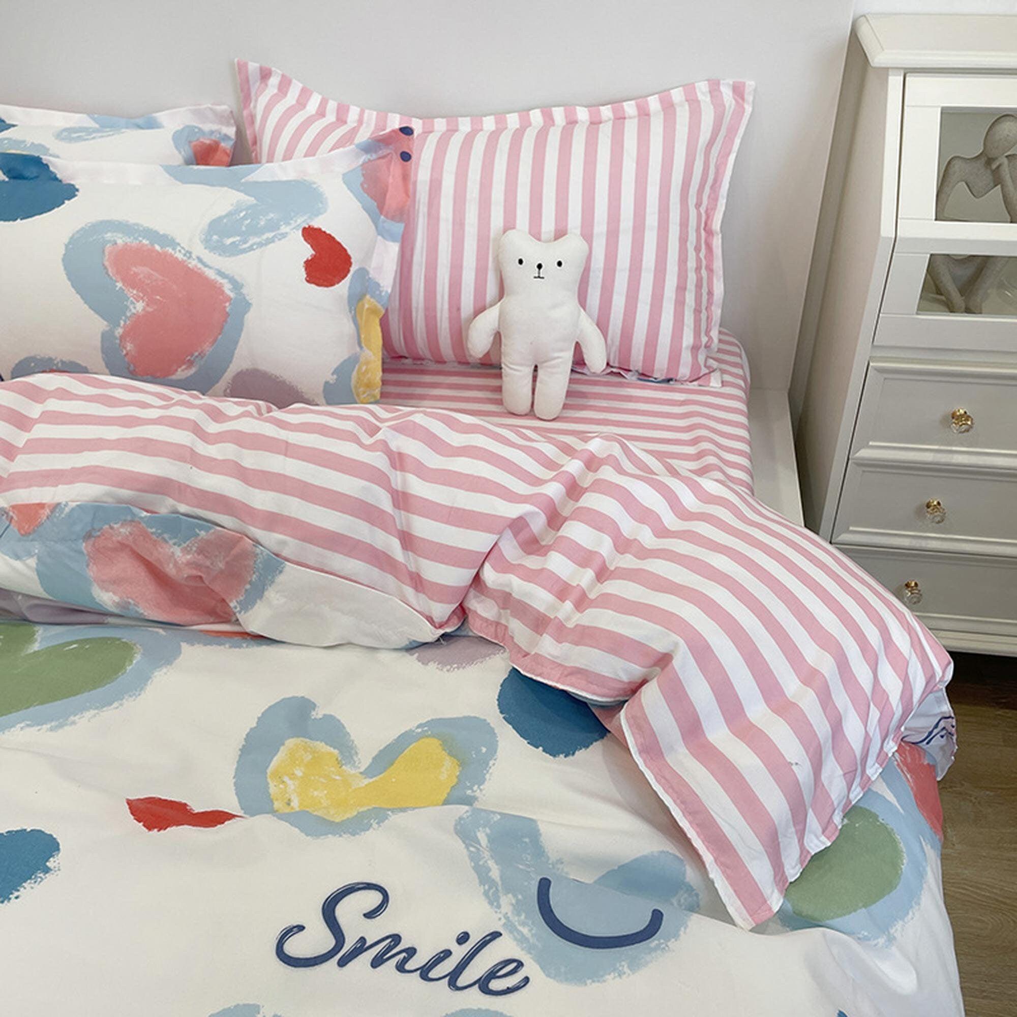 daintyduvet Cute Bedding Set, Pink Bedding Flat Sheet, Kawaii Dorm Bedding, Aesthetic Bedding Stripes, Kids Duvet Cover King Queen Full Twin Single