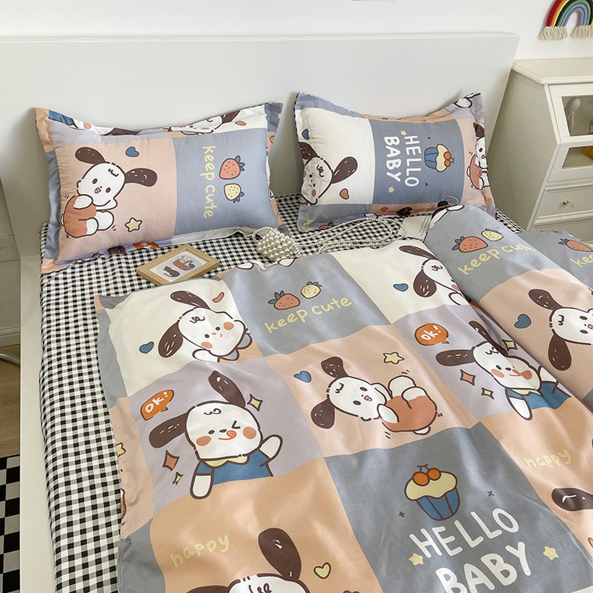 daintyduvet Cute Bedding Set, Rabbit Bedding Flat Sheet, Kawaii Dorm Bedding, Aesthetic Bedding, Checkered Kids Duvet Cover King Queen Full Twin Single