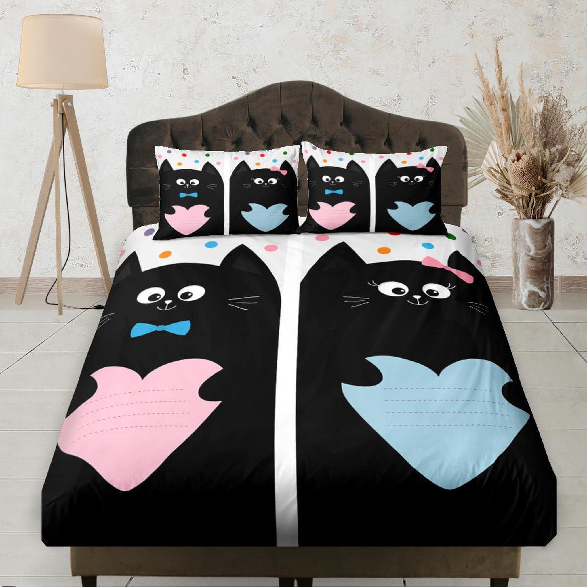daintyduvet Cute Black Cats Holding Pink and Blue Hearts Fitted Sheet Deep Pocket, Baby Bedding Set Full, Elastic Bedsheet, Dorm Bedding, Crib Sheet
