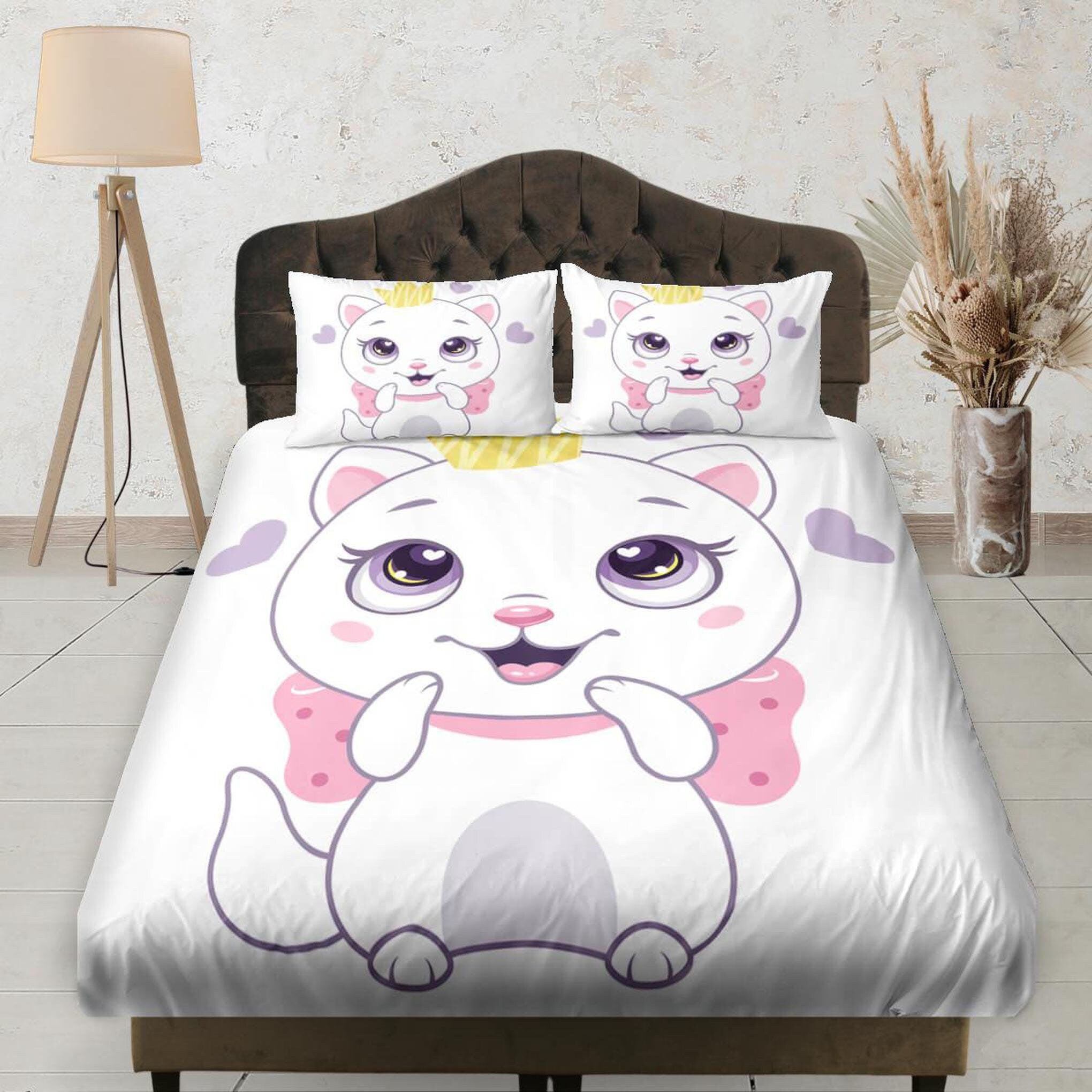 daintyduvet Cute Bubbly White Cat Fitted Sheet Deep Pocket, Aesthetic Bedding Set Full, Elastic Bedsheet, Dorm Bedding, Crib Sheet, Baby Girl Bedding