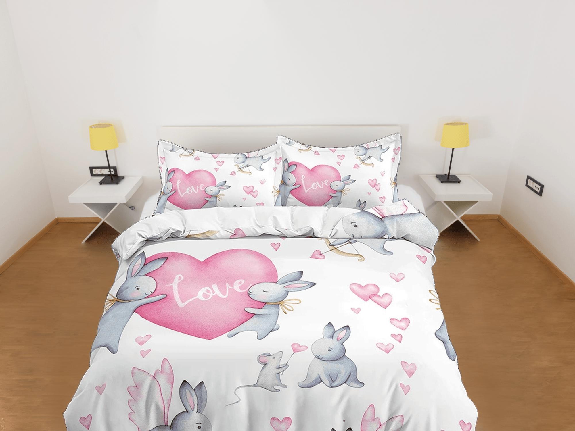 daintyduvet Cute Bunny and Hearts Bedding, Duvet Cover Set & Pillowcase, Zipper Bedding, Dorm Bedding, Teens Adult Duvet King Queen Full Twin Single