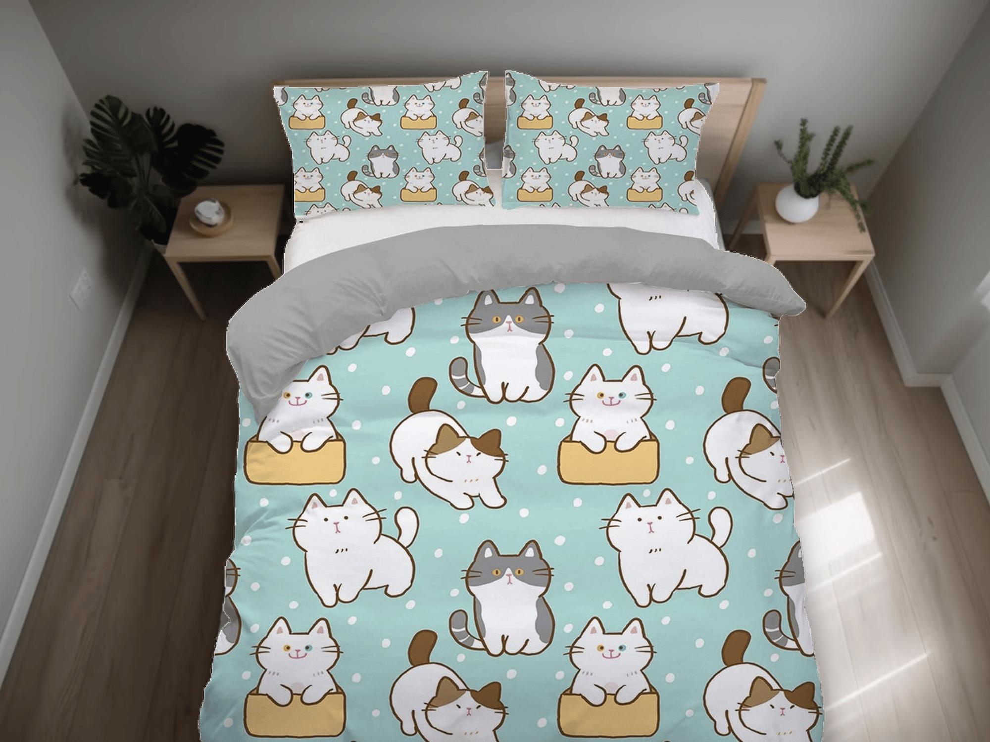daintyduvet Cute cat bedding mint green, toddler bedding, kids duvet cover set, gift for cat lovers, baby bedding, baby shower gift, kawaii neko