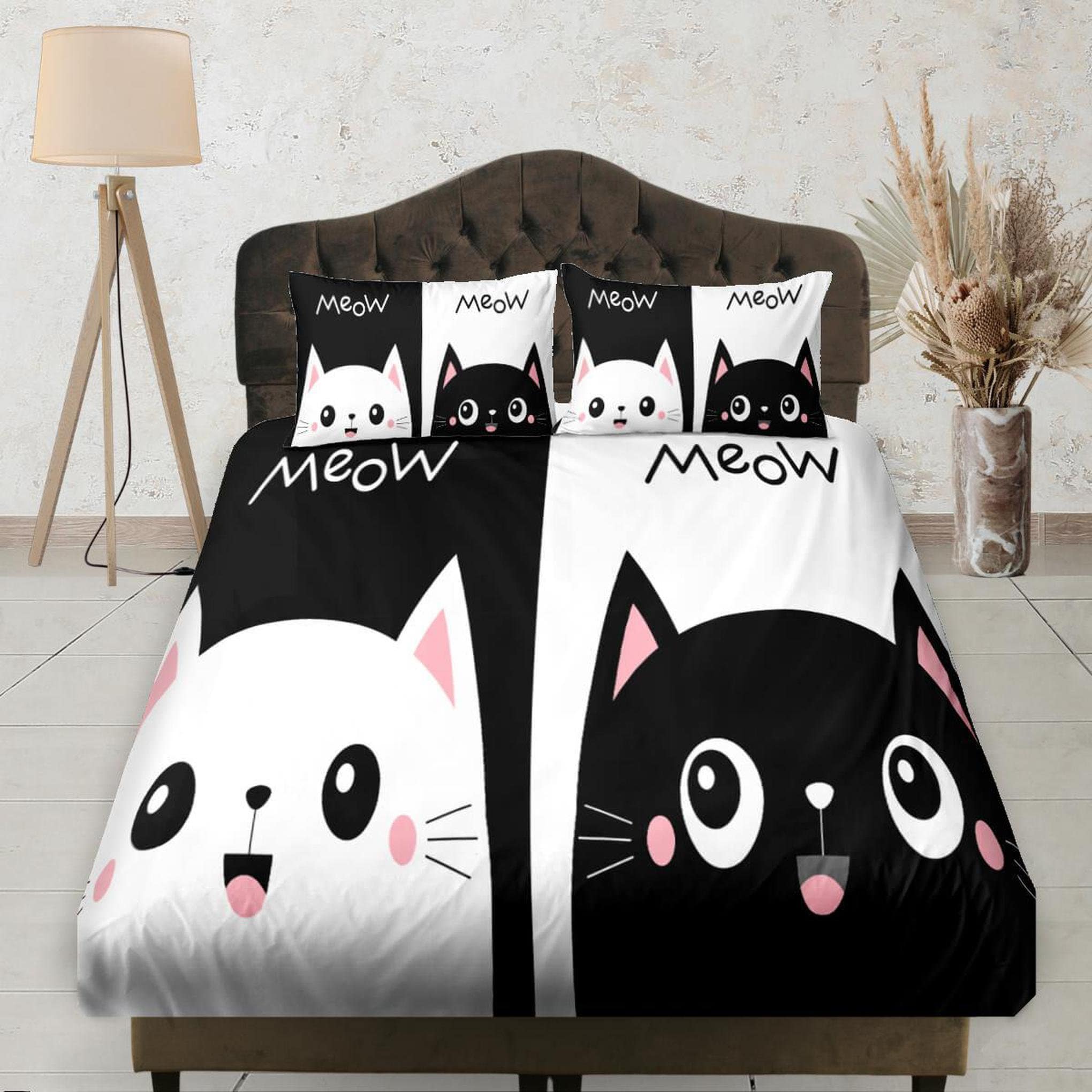 daintyduvet Cute Cats Black & White Fitted Sheet Deep Pocket, Aesthetic Bedding Set Full, Elastic Bedsheet, Dorm Bedding, Crib Sheet, Baby Bed Cover Set