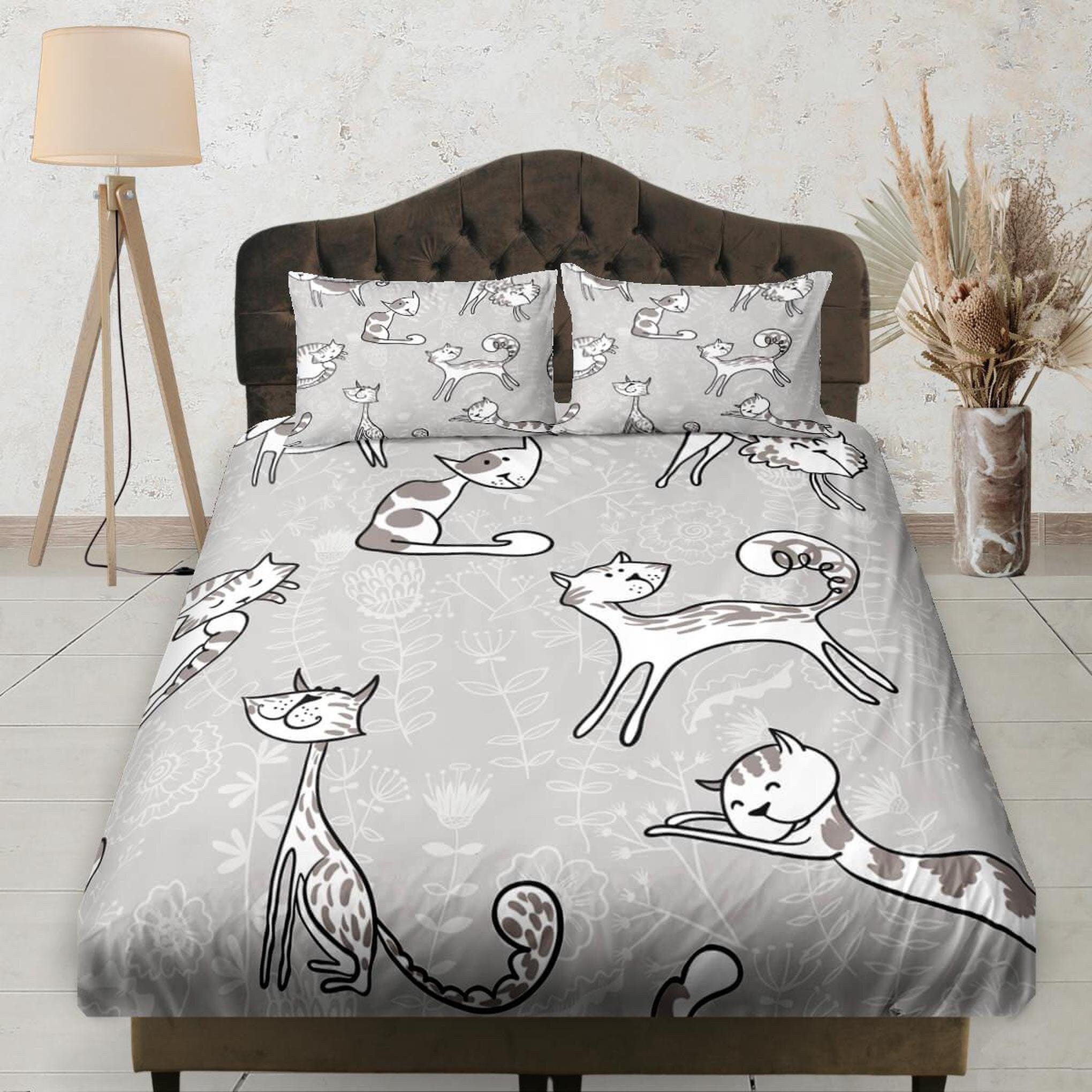 daintyduvet Cute Cats Floral Printed Grey Fitted Sheet Deep Pocket, Aesthetic Bedding Set Full, Elastic Bedsheet, Dorm Bedding, Crib Sheet, King, Queen