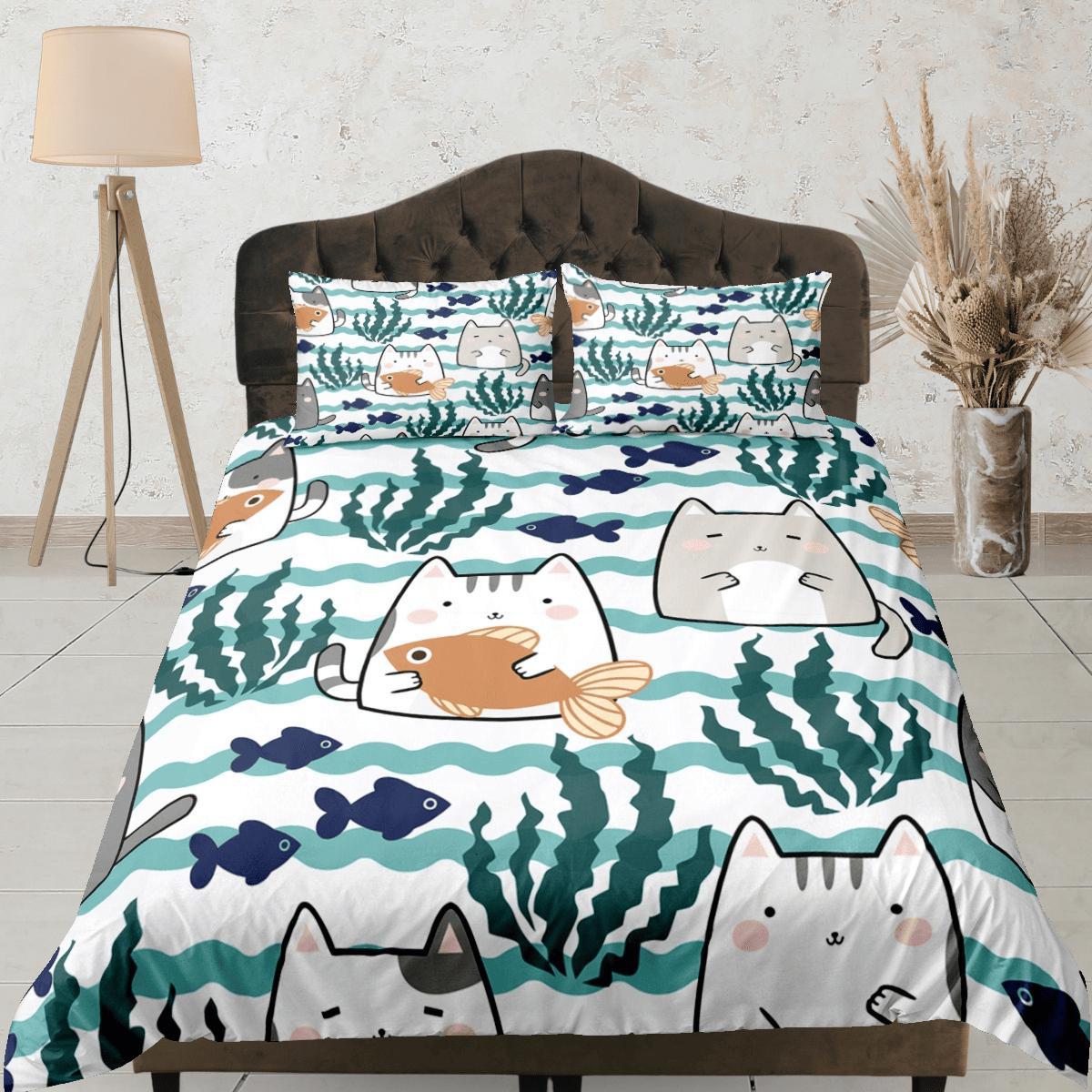 daintyduvet Cute Cats Sea Duvet Cover Set Bedspread Cat Lover Gift Bedding for Teens Kids Bedroom Comforter Cover