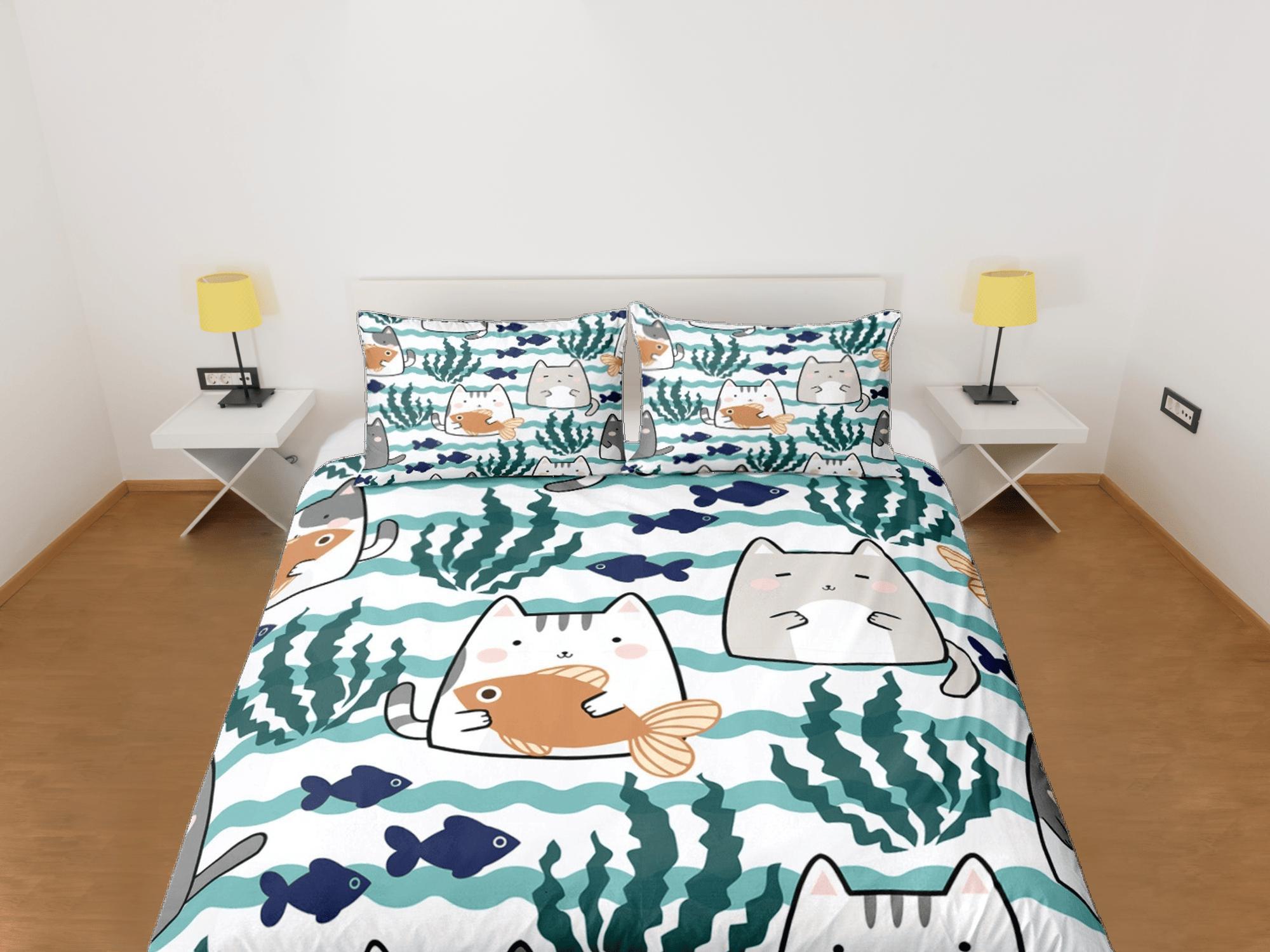 daintyduvet Cute Cats Sea Duvet Cover Set Bedspread Cat Lover Gift Bedding for Teens Kids Bedroom Comforter Cover