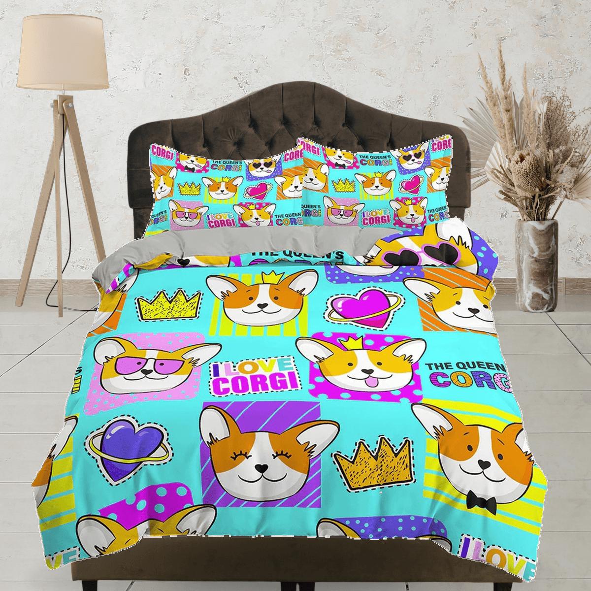 daintyduvet Cute corgi dog, colorful toddler bedding, unique duvet cover for nursery kids, neon crib bedding, baby zipper bedding, king queen full twin