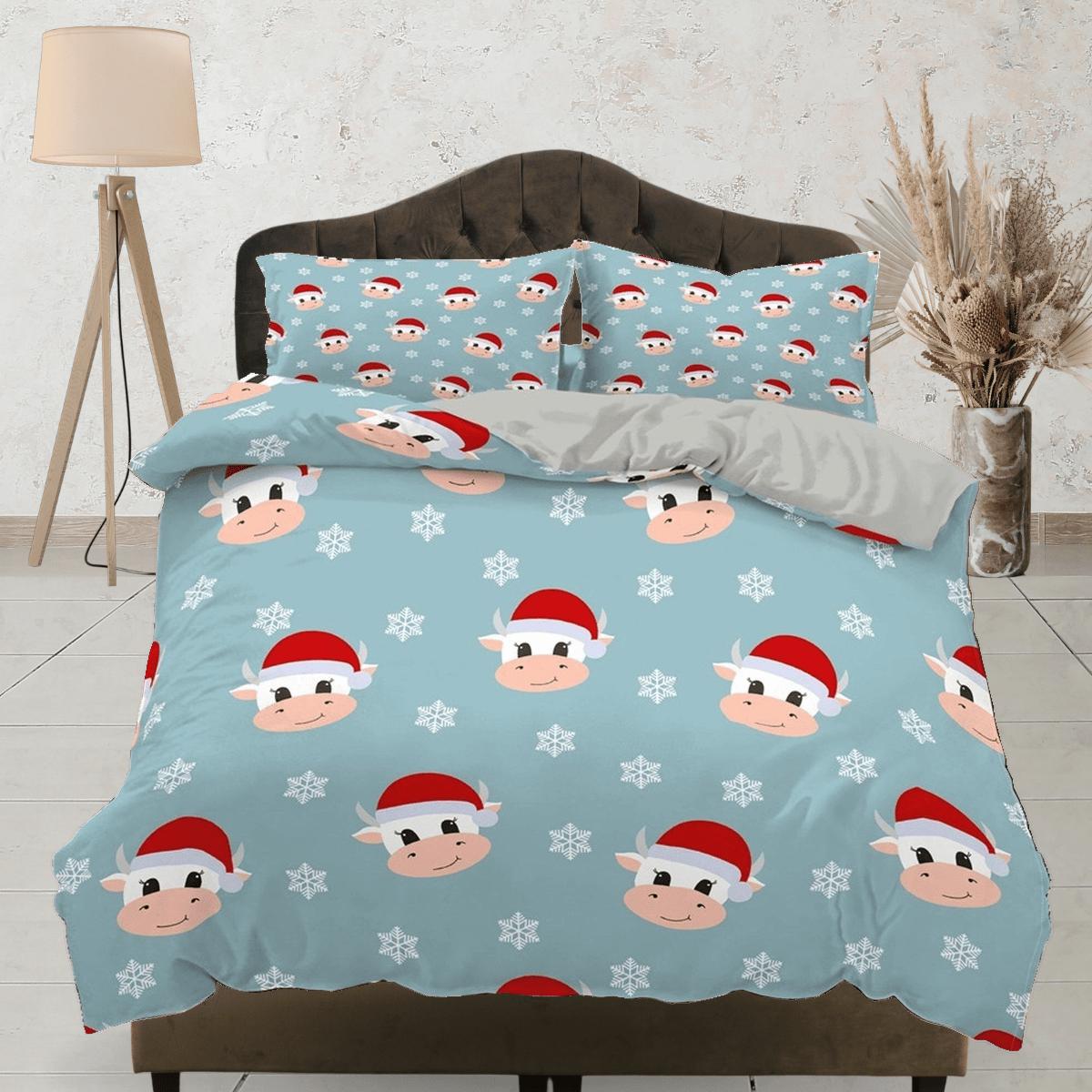 daintyduvet Cute Cow Christmas bedding & pillowcase holiday gift blue duvet cover king queen full twin toddler bedding baby Christmas farmhouse decor