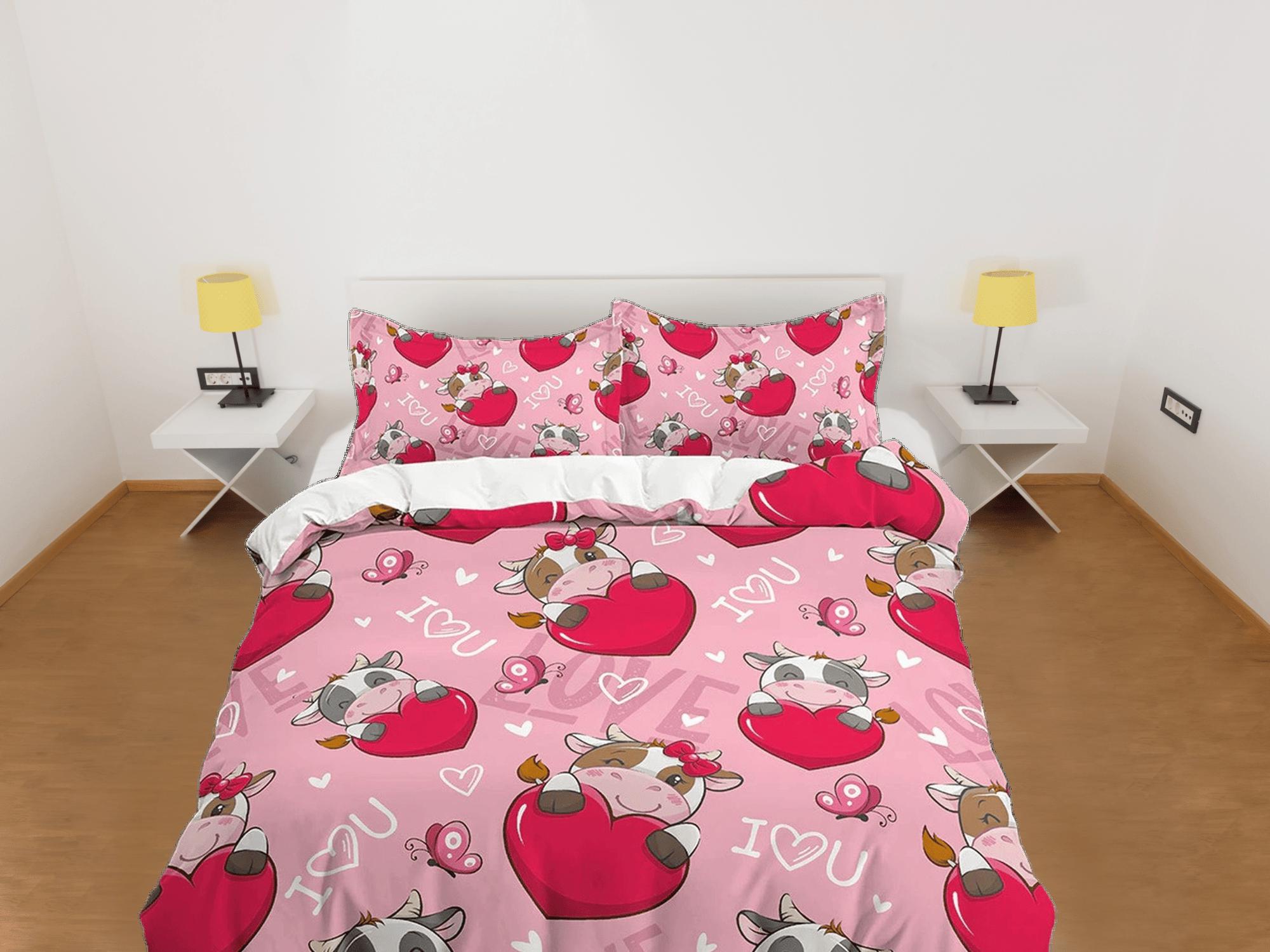daintyduvet Cute Cow with Heart, Pink Girl Toddler Bedding, Unique Duvet Cover Nursery Kids, Crib Bedding, Baby Zipper Bedding, King Queen Full Twin