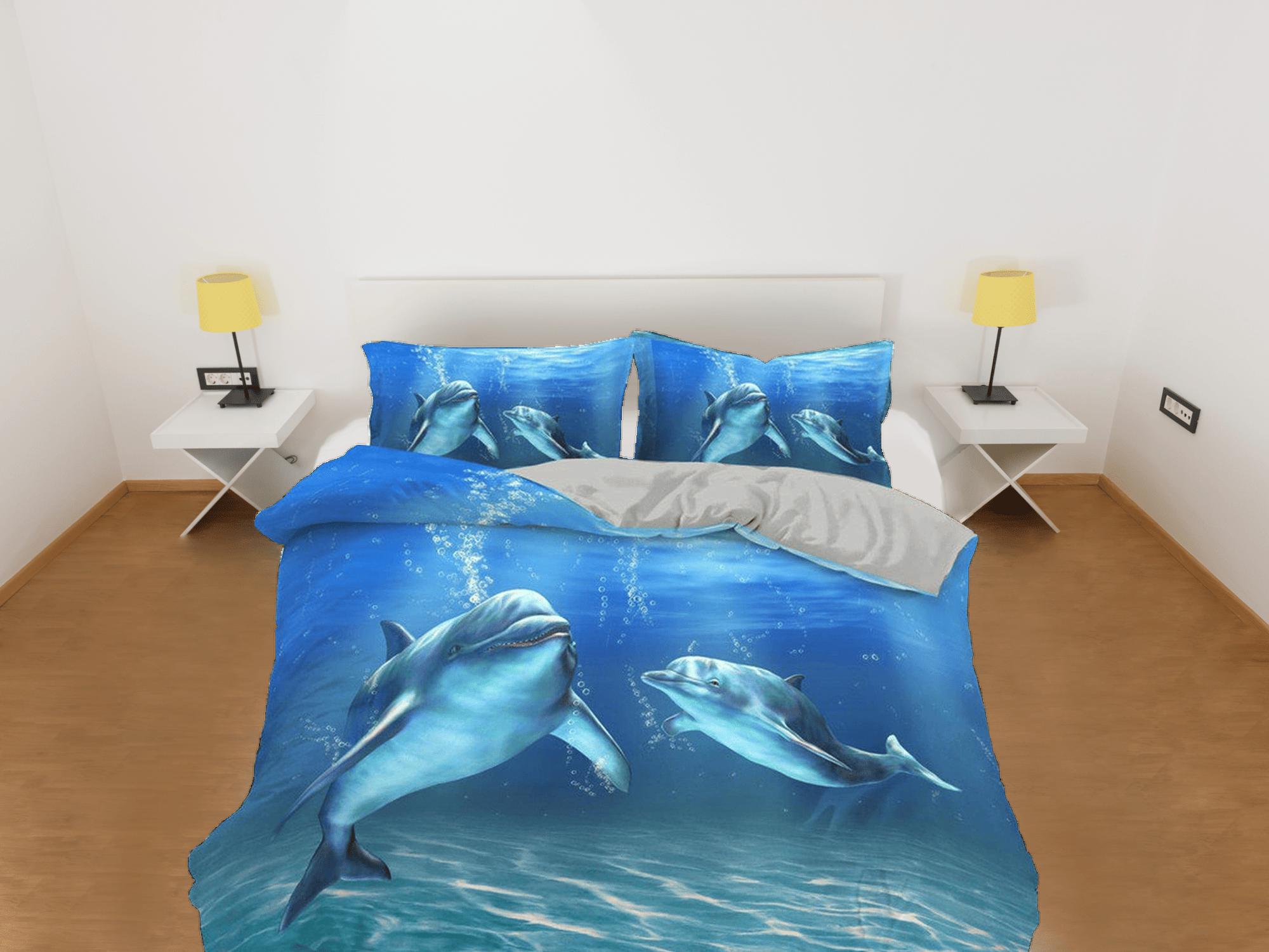 daintyduvet Cute dolphins under the sea bedding blue duvet cover, ocean blush decor bottle nose dolphin bedding set full king queen twin, dorm bedding