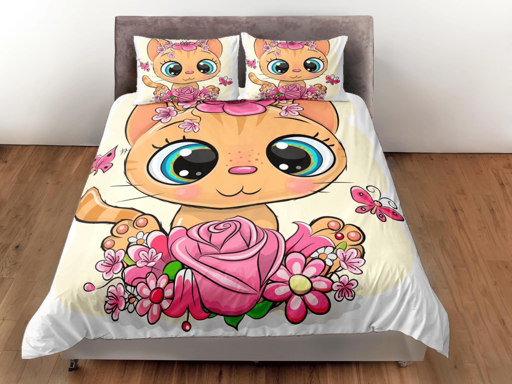 daintyduvet Cute Floral Big Eyed Cat Bedding, Girly Toddler Bedding, Kids Duvet Cover Set, Baby Bedding, Baby Shower Doona Cover up to California King